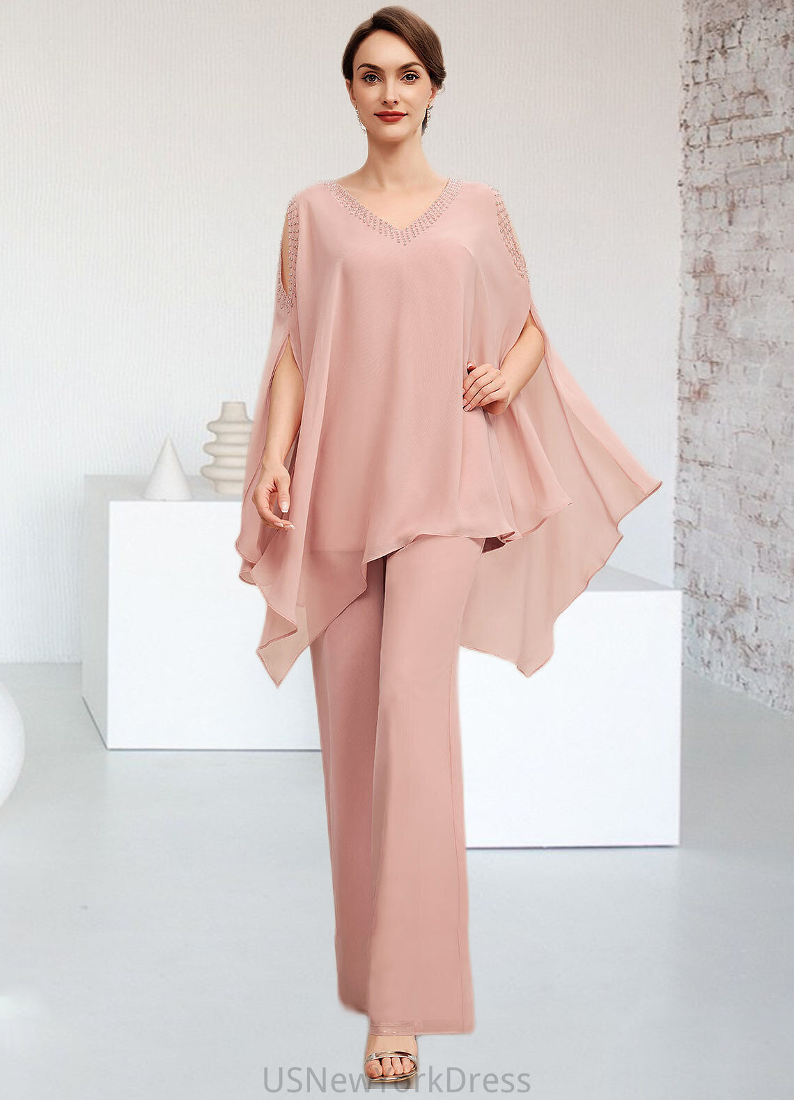 Barbara Jumpsuit/Pantsuit V-neck Floor-Length Chiffon Mother of the Bride Dress With Beading DJ126P0014560