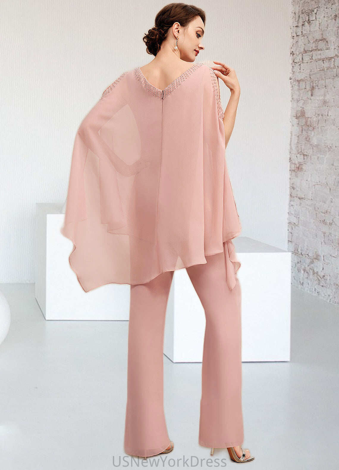 Barbara Jumpsuit/Pantsuit V-neck Floor-Length Chiffon Mother of the Bride Dress With Beading DJ126P0014560