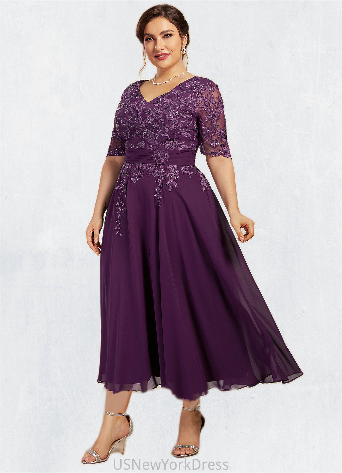 Audrey A-line V-Neck Tea-Length Chiffon Lace Mother of the Bride Dress With Sequins DJ126P0014561