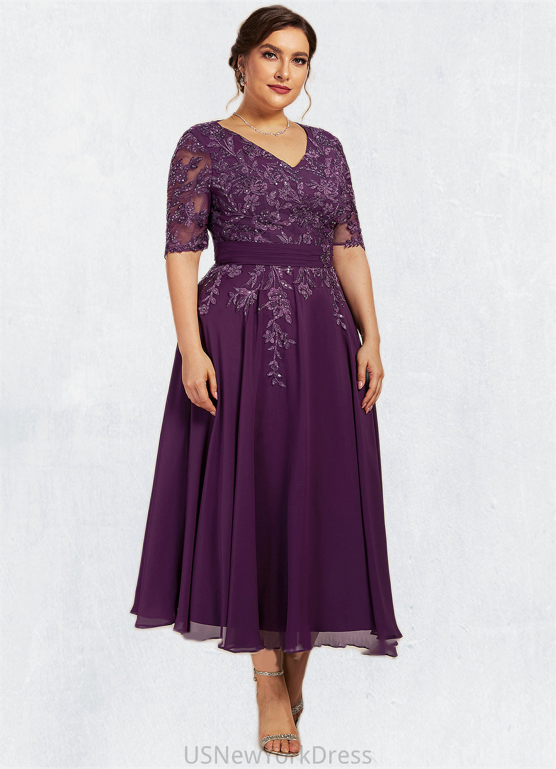 Audrey A-line V-Neck Tea-Length Chiffon Lace Mother of the Bride Dress With Sequins DJ126P0014561