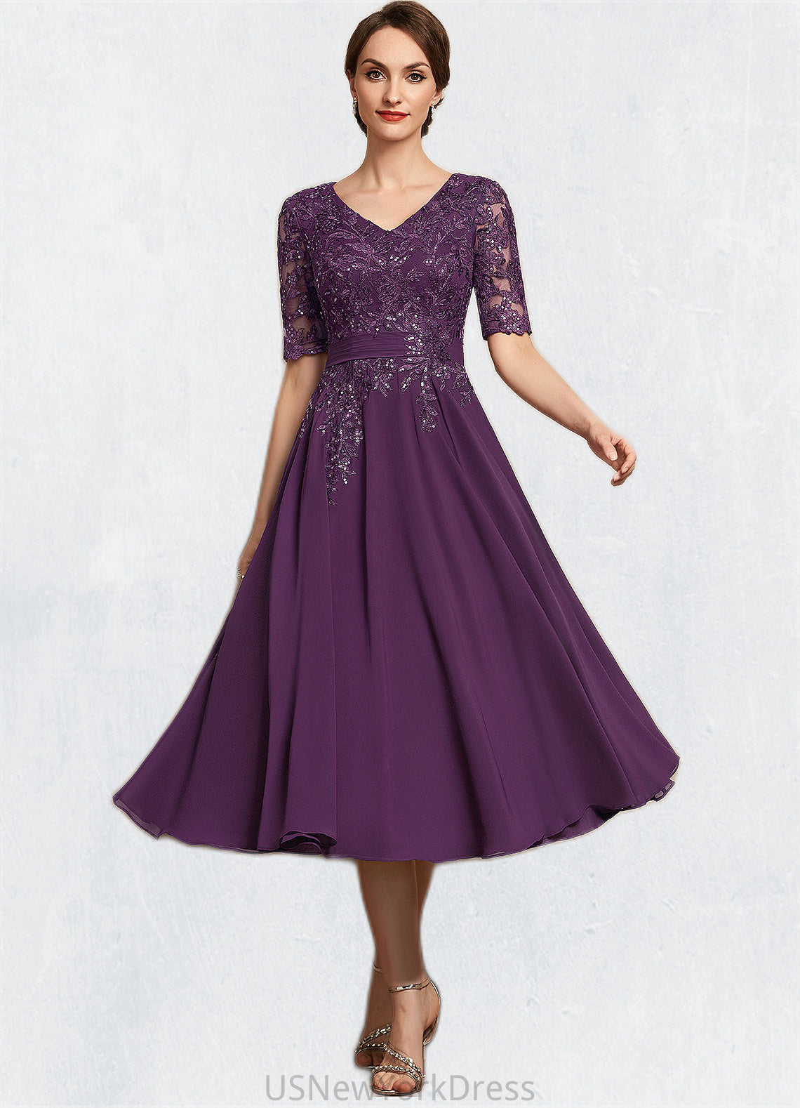 Audrey A-line V-Neck Tea-Length Chiffon Lace Mother of the Bride Dress With Sequins DJ126P0014561