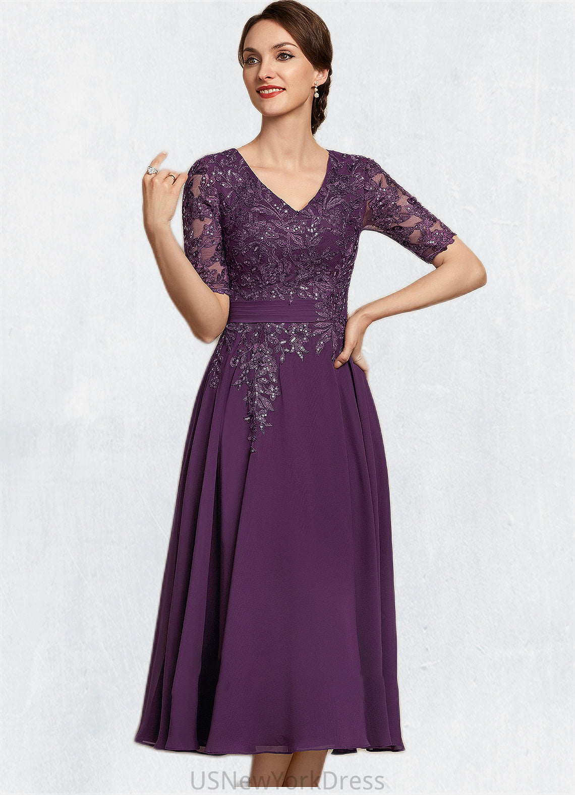 Audrey A-line V-Neck Tea-Length Chiffon Lace Mother of the Bride Dress With Sequins DJ126P0014561