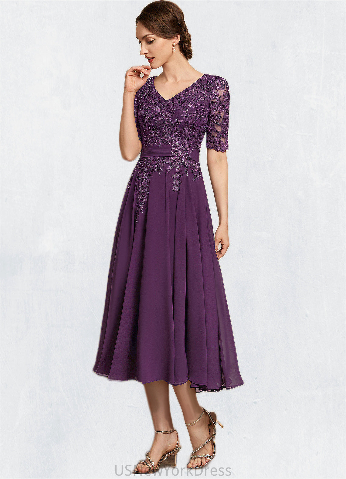 Audrey A-line V-Neck Tea-Length Chiffon Lace Mother of the Bride Dress With Sequins DJ126P0014561