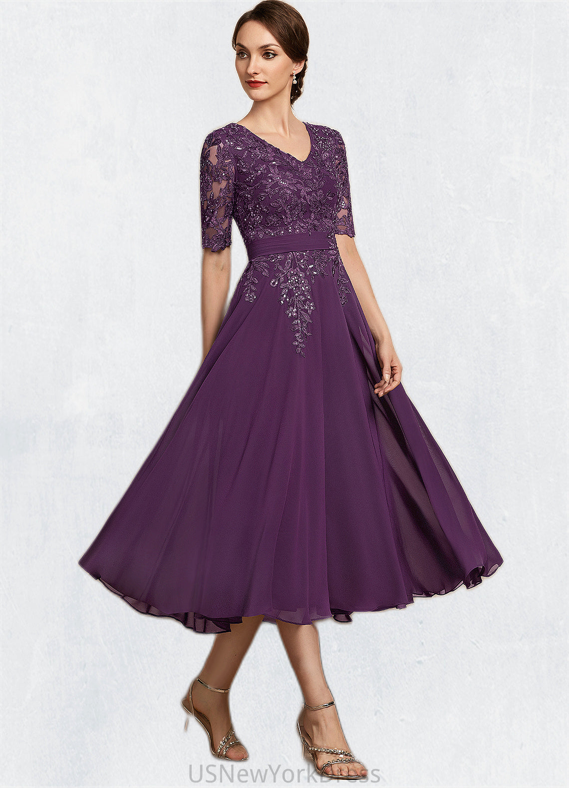 Audrey A-line V-Neck Tea-Length Chiffon Lace Mother of the Bride Dress With Sequins DJ126P0014561