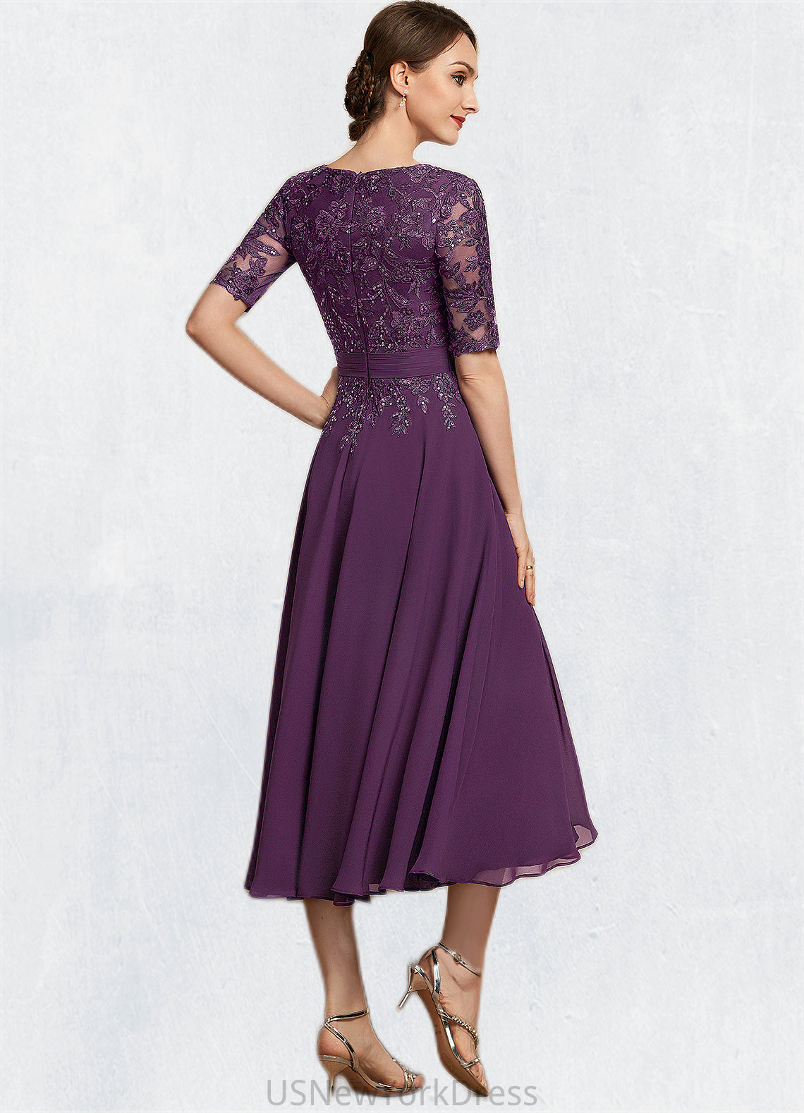 Audrey A-line V-Neck Tea-Length Chiffon Lace Mother of the Bride Dress With Sequins DJ126P0014561