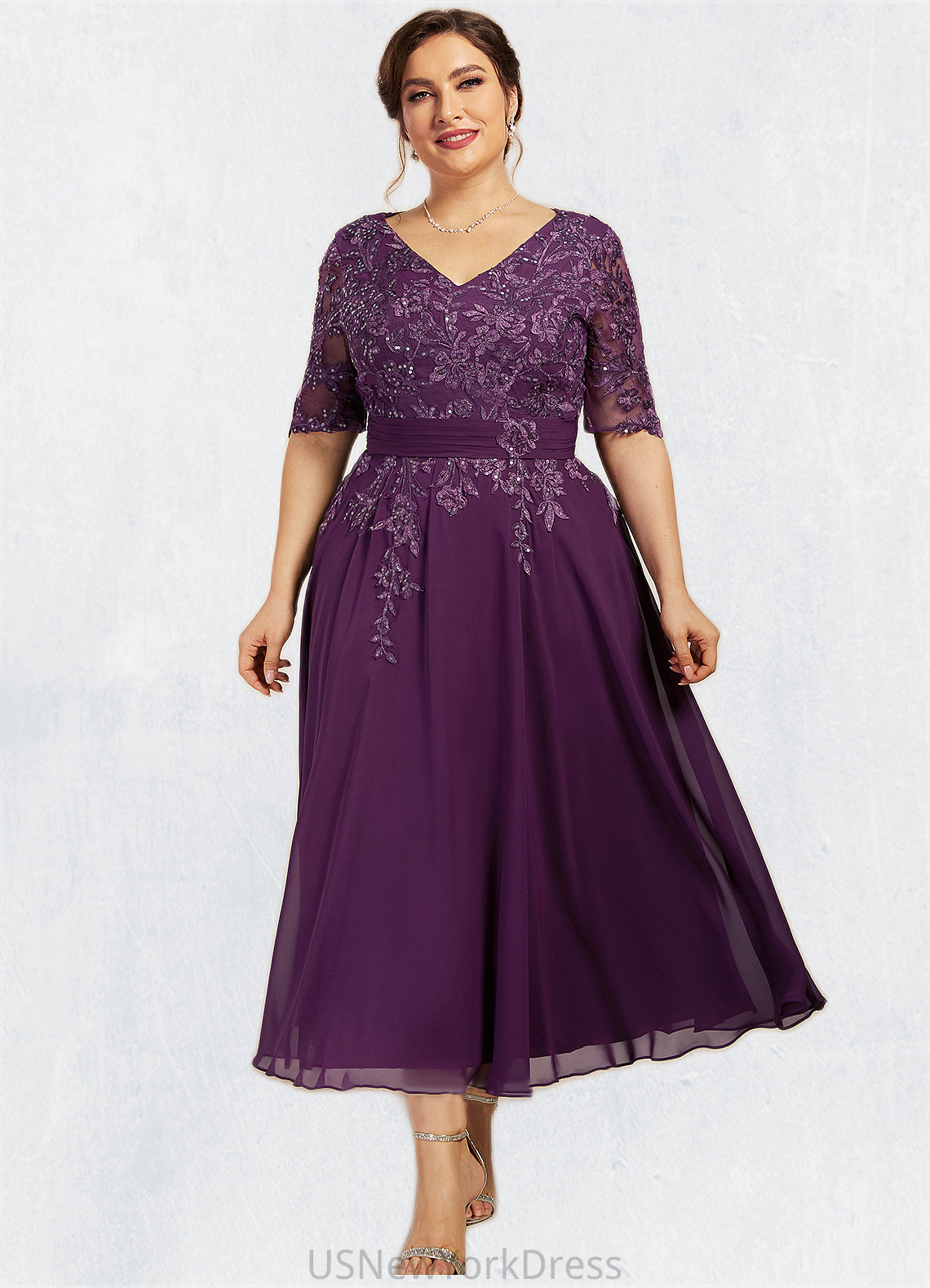 Audrey A-line V-Neck Tea-Length Chiffon Lace Mother of the Bride Dress With Sequins DJ126P0014561