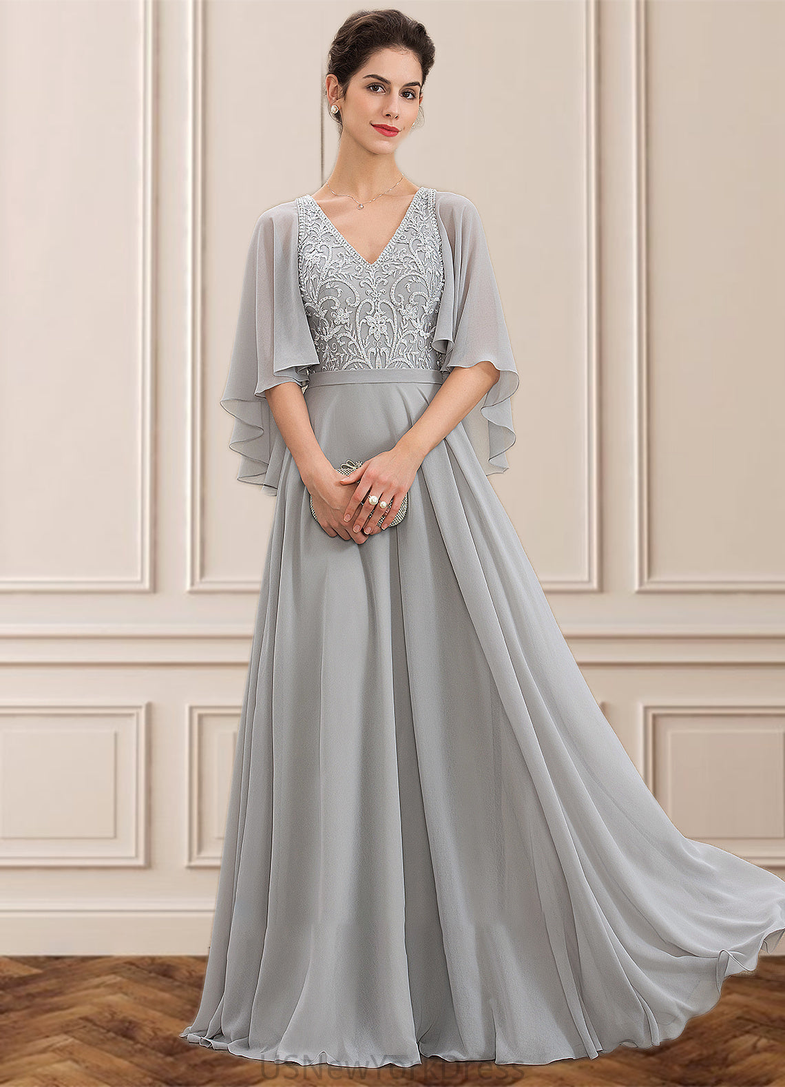 Bella A-line V-Neck Floor-Length Chiffon Lace Mother of the Bride Dress With Beading Sequins DJ126P0014563