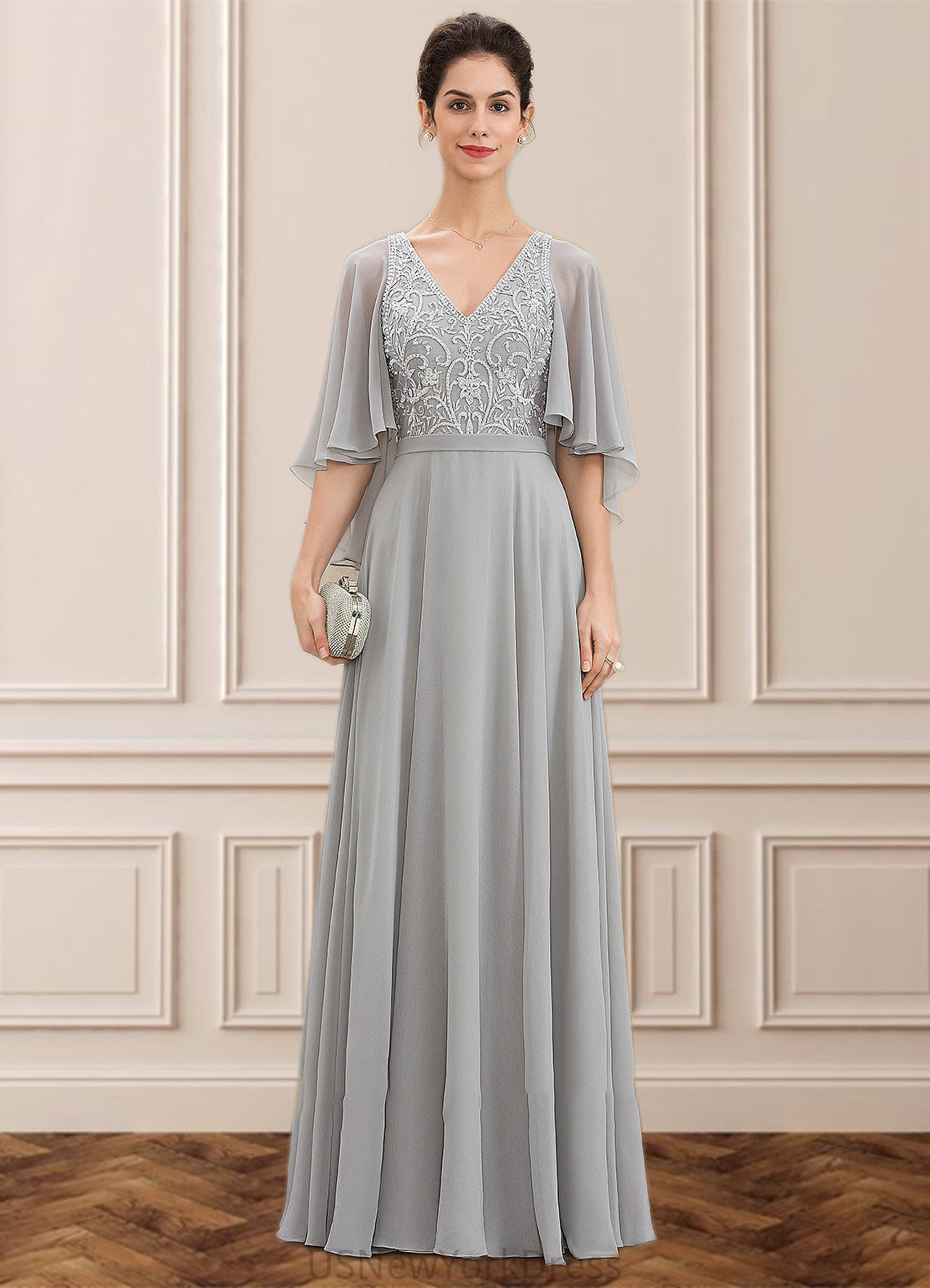 Bella A-line V-Neck Floor-Length Chiffon Lace Mother of the Bride Dress With Beading Sequins DJ126P0014563