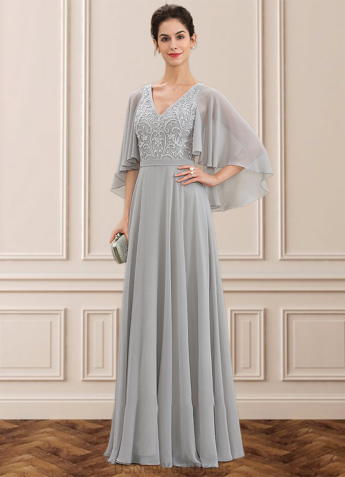 Bella A-line V-Neck Floor-Length Chiffon Lace Mother of the Bride Dress With Beading Sequins DJ126P0014563