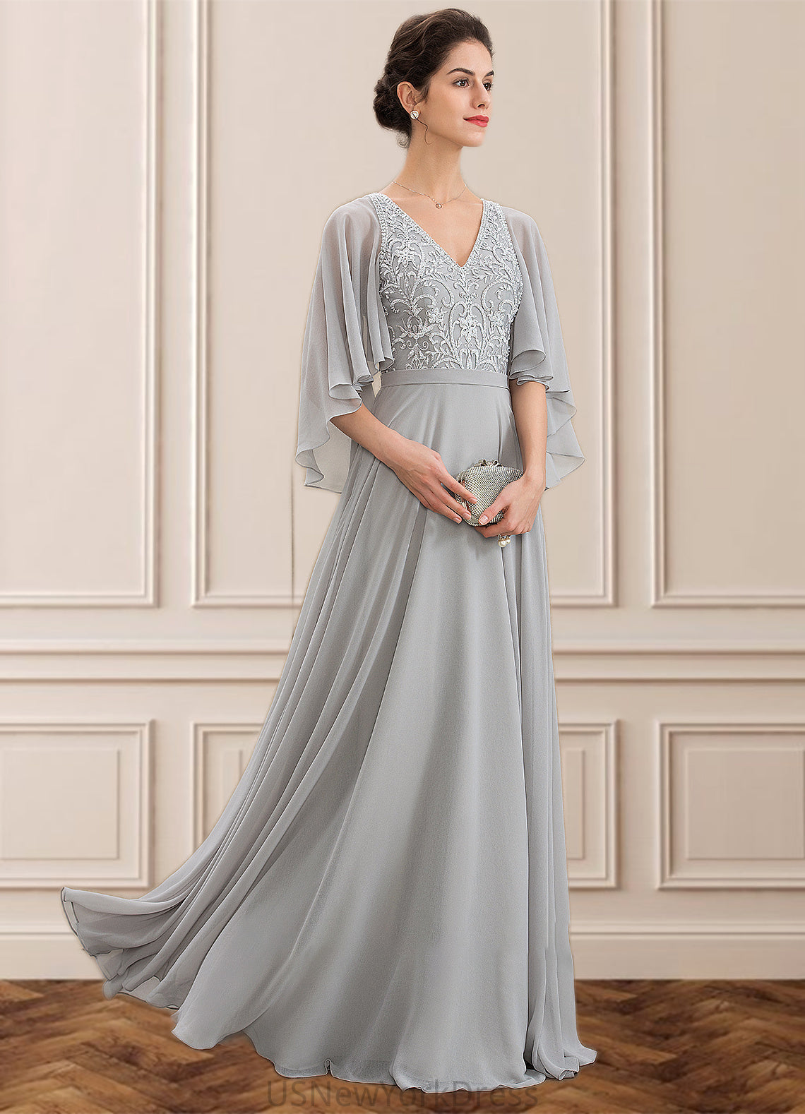 Bella A-line V-Neck Floor-Length Chiffon Lace Mother of the Bride Dress With Beading Sequins DJ126P0014563