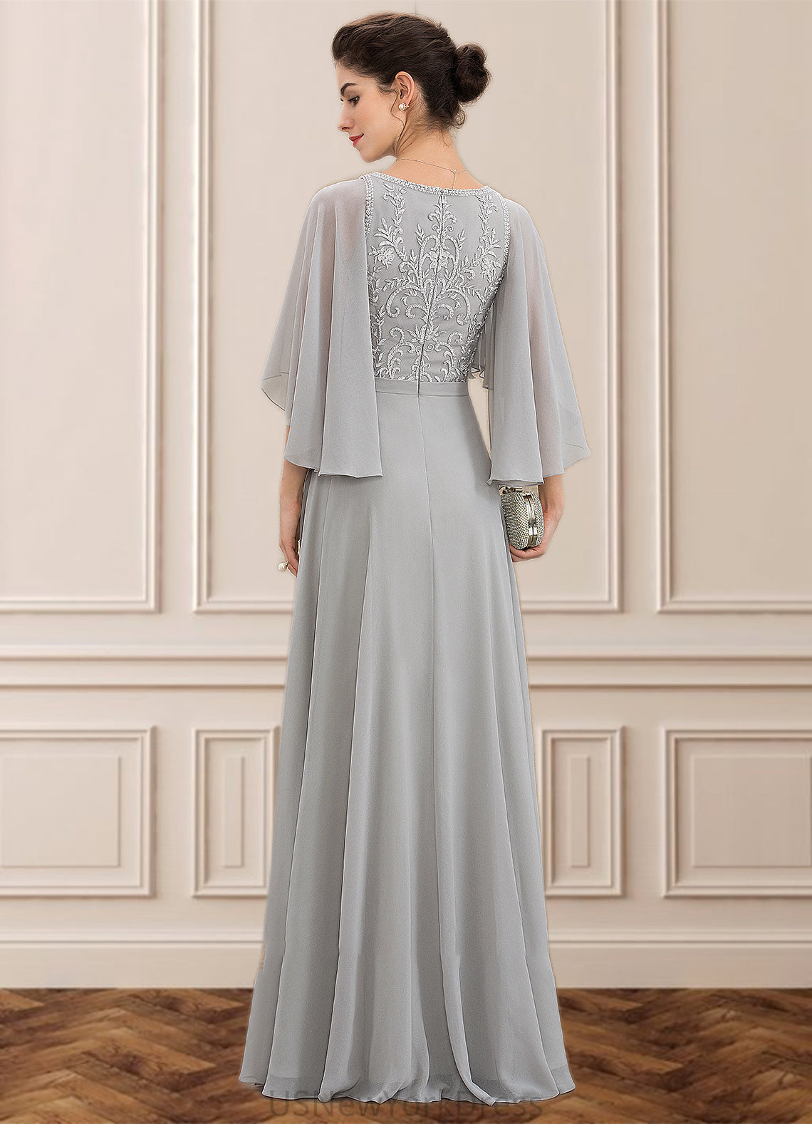 Bella A-line V-Neck Floor-Length Chiffon Lace Mother of the Bride Dress With Beading Sequins DJ126P0014563