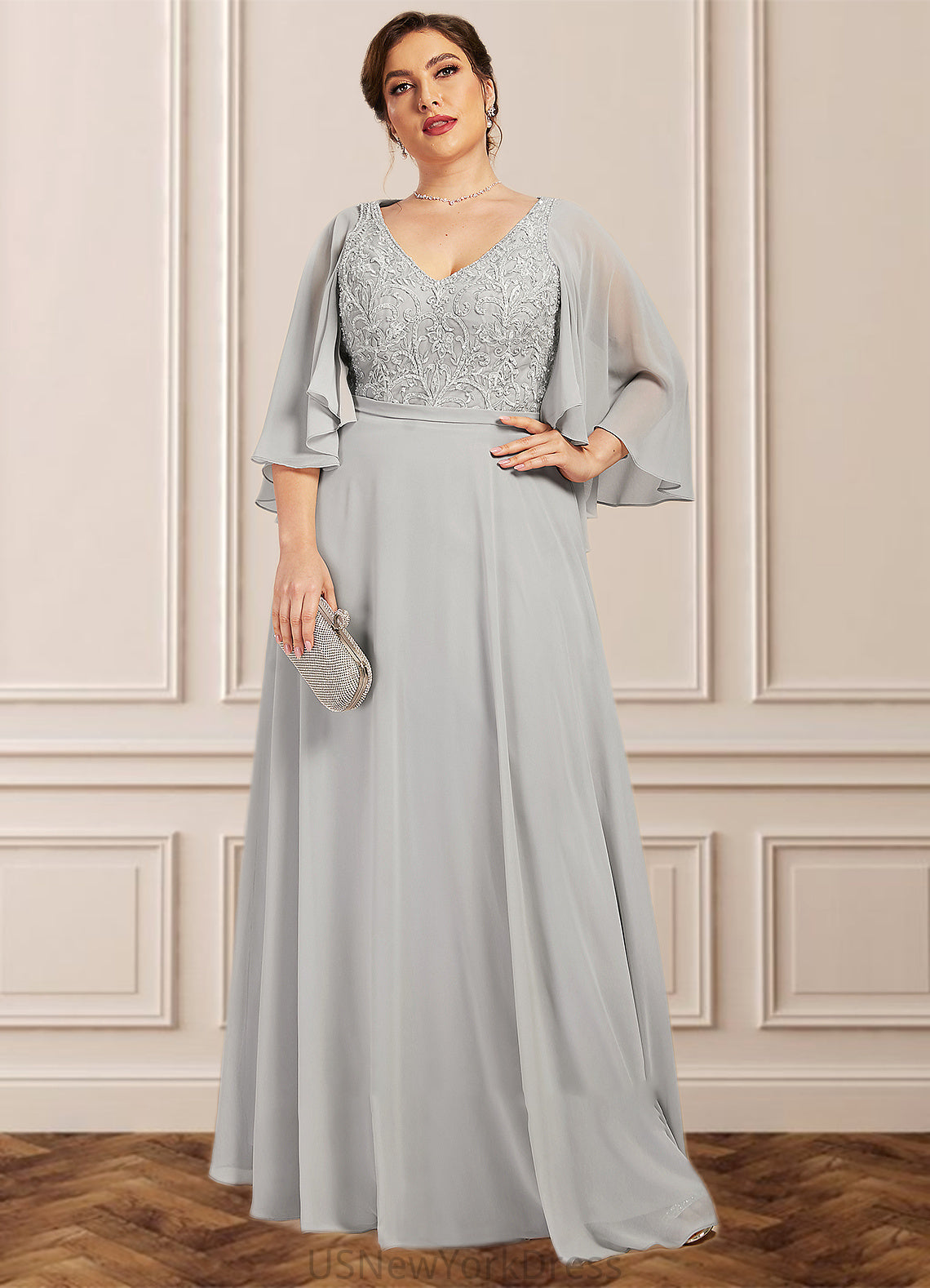 Bella A-line V-Neck Floor-Length Chiffon Lace Mother of the Bride Dress With Beading Sequins DJ126P0014563