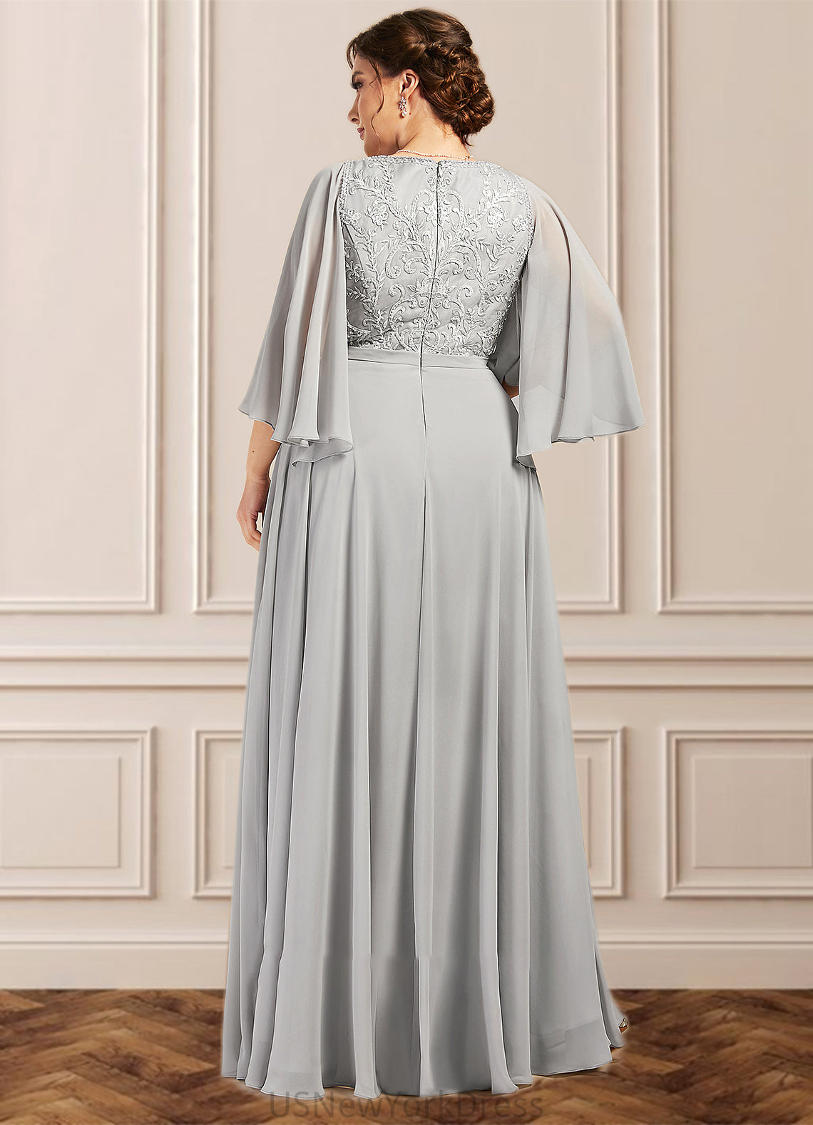 Bella A-line V-Neck Floor-Length Chiffon Lace Mother of the Bride Dress With Beading Sequins DJ126P0014563