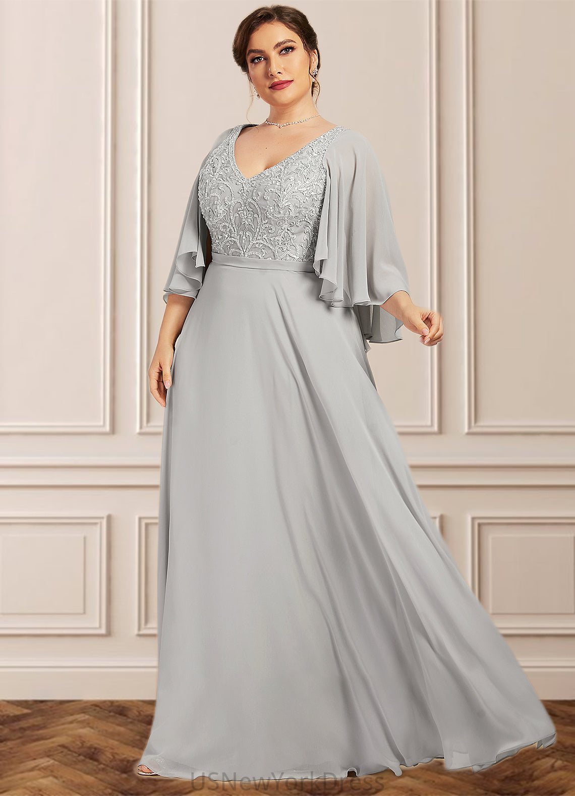 Bella A-line V-Neck Floor-Length Chiffon Lace Mother of the Bride Dress With Beading Sequins DJ126P0014563