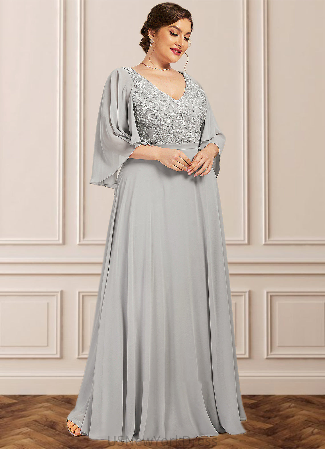 Bella A-line V-Neck Floor-Length Chiffon Lace Mother of the Bride Dress With Beading Sequins DJ126P0014563