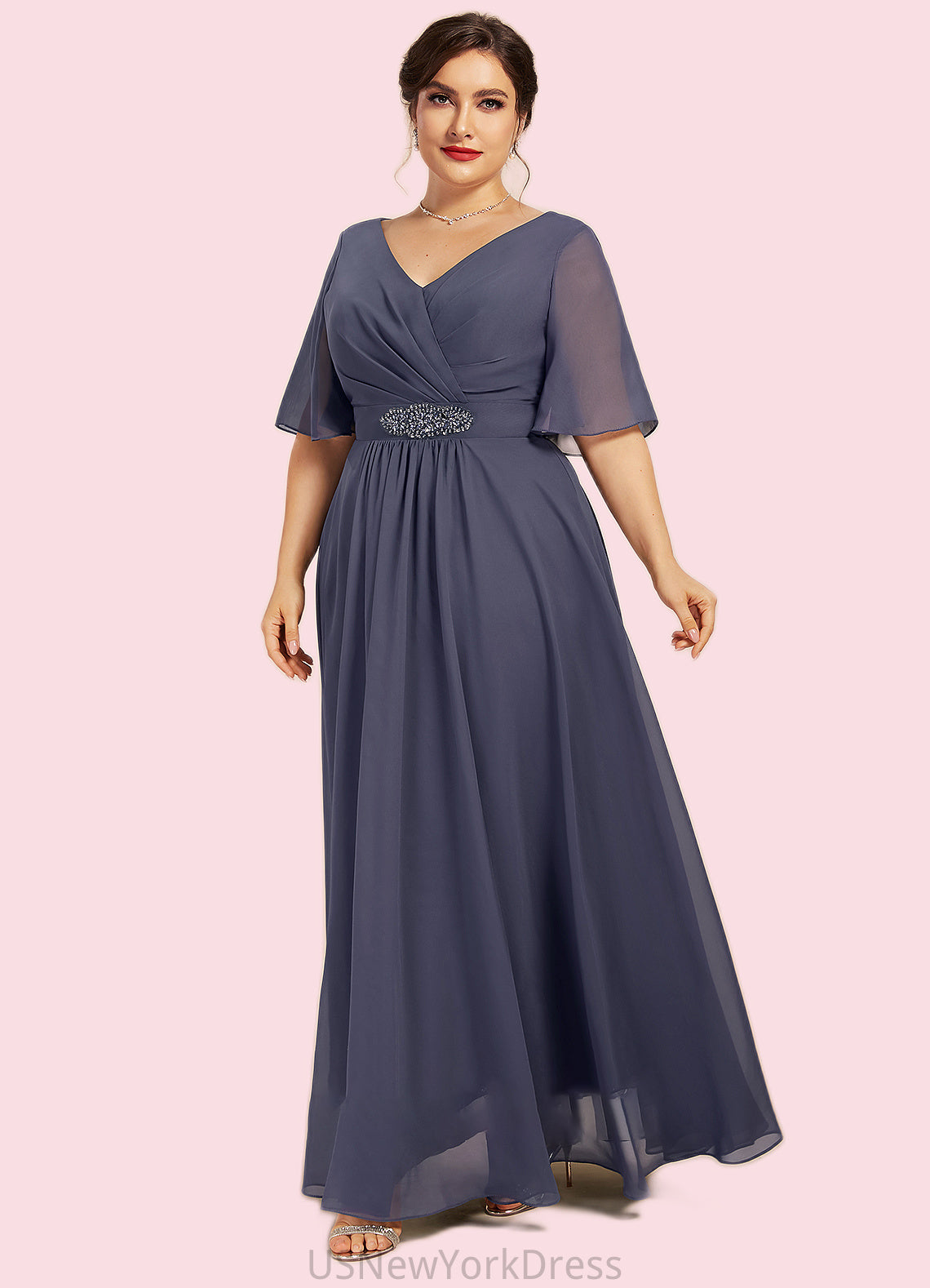 Anahi A-Line V-neck Ankle-Length Chiffon Mother of the Bride Dress With Ruffle Beading Sequins DJ126P0014564