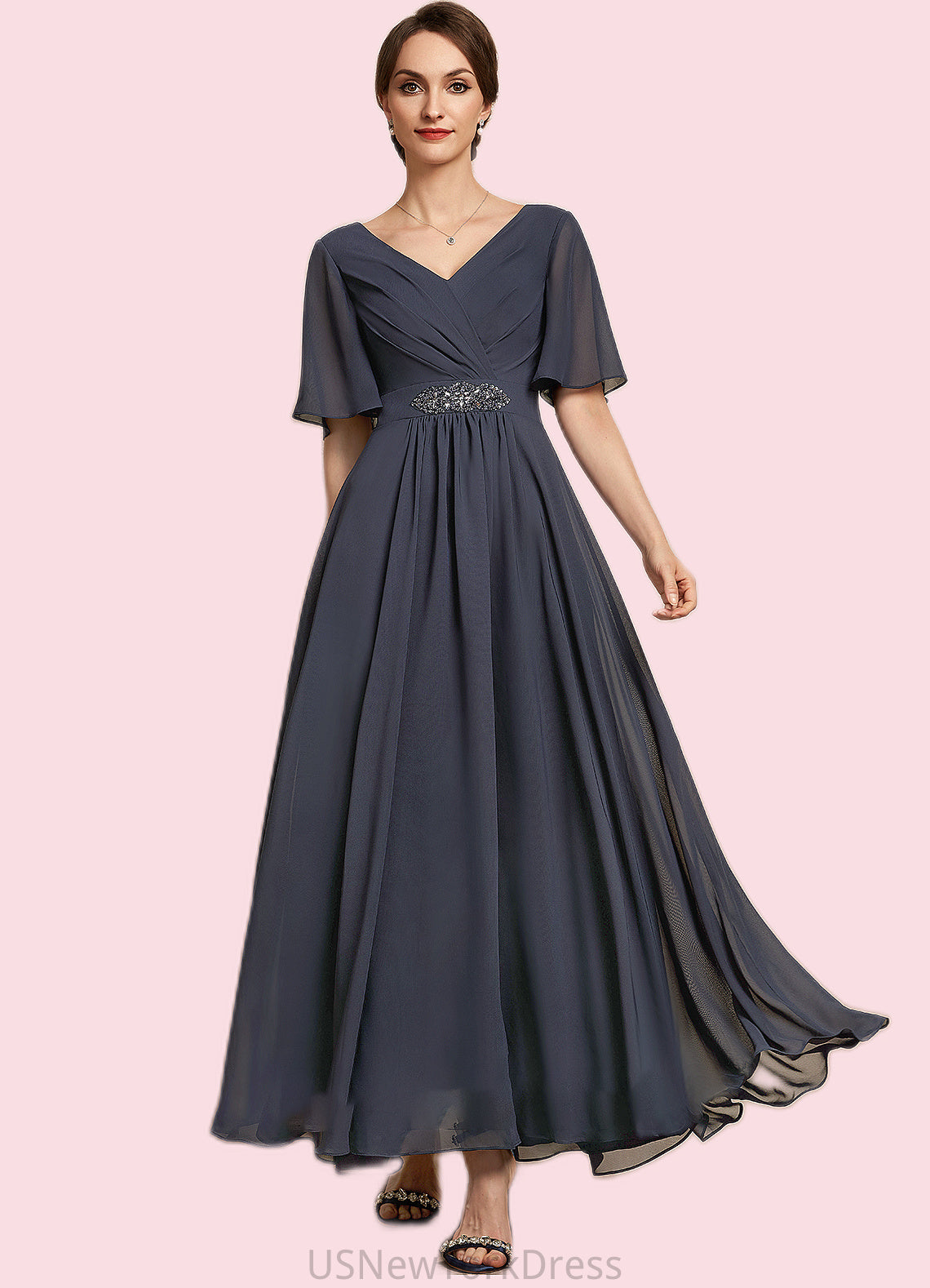 Anahi A-Line V-neck Ankle-Length Chiffon Mother of the Bride Dress With Ruffle Beading Sequins DJ126P0014564