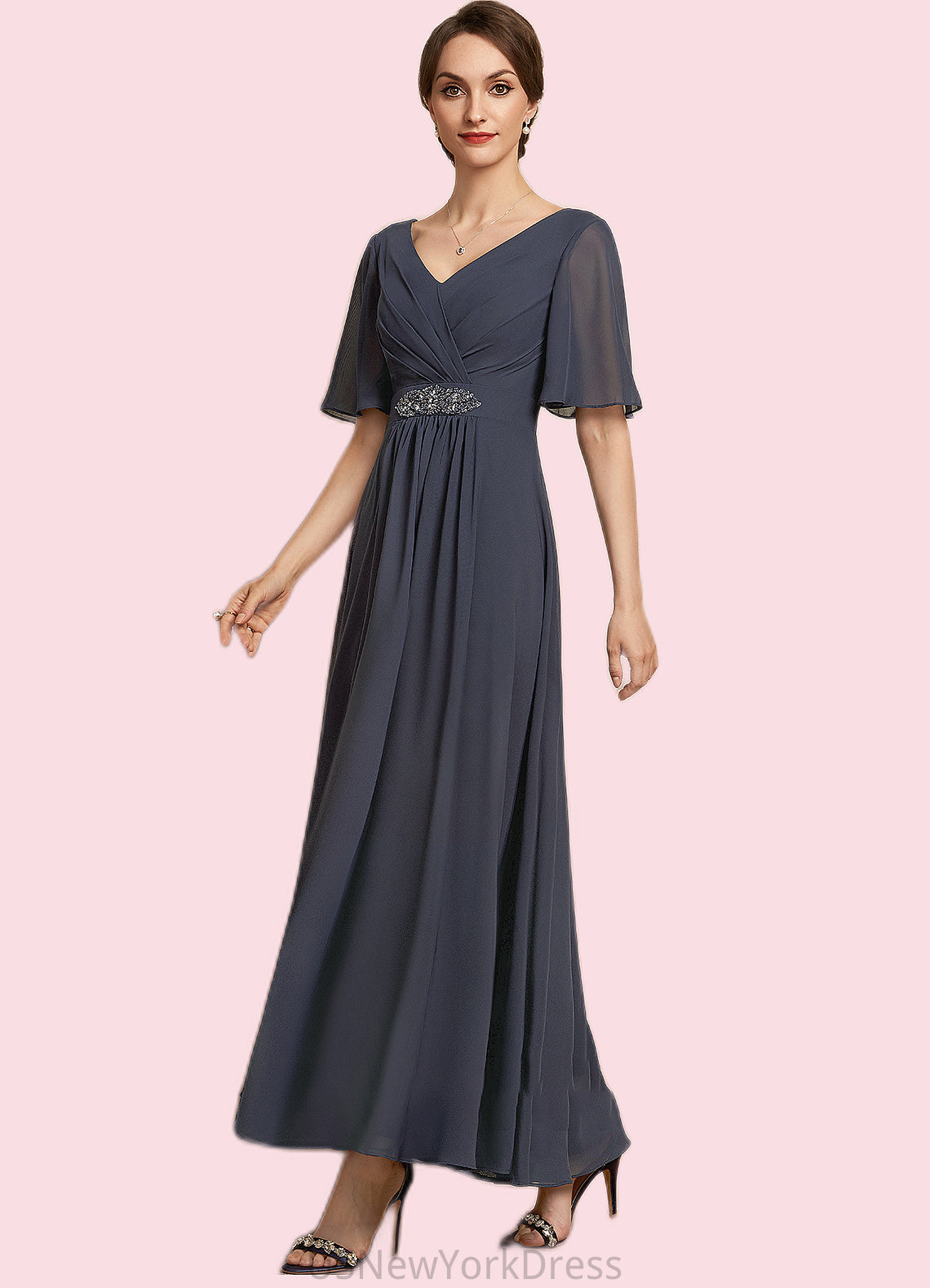 Anahi A-Line V-neck Ankle-Length Chiffon Mother of the Bride Dress With Ruffle Beading Sequins DJ126P0014564