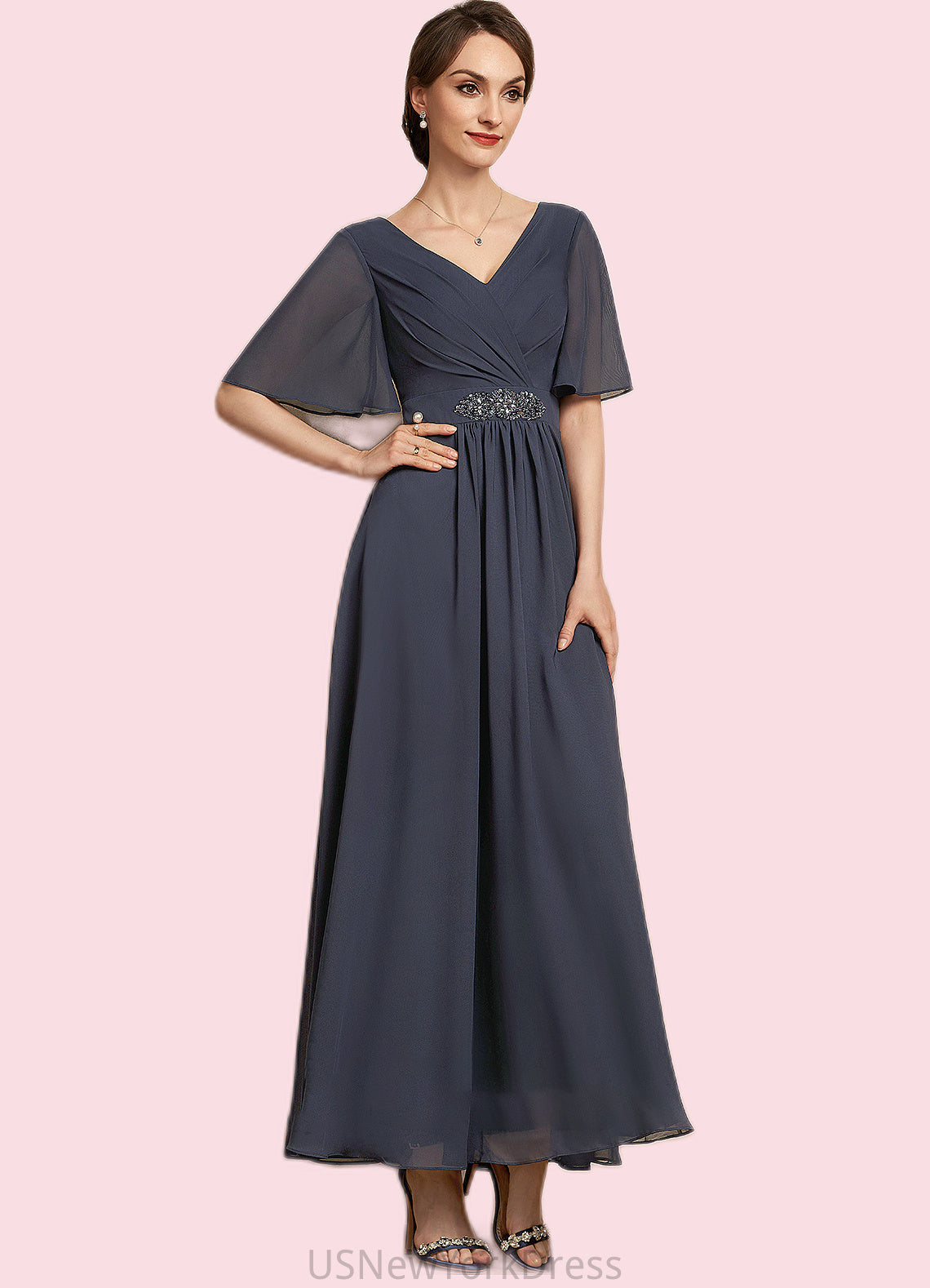 Anahi A-Line V-neck Ankle-Length Chiffon Mother of the Bride Dress With Ruffle Beading Sequins DJ126P0014564