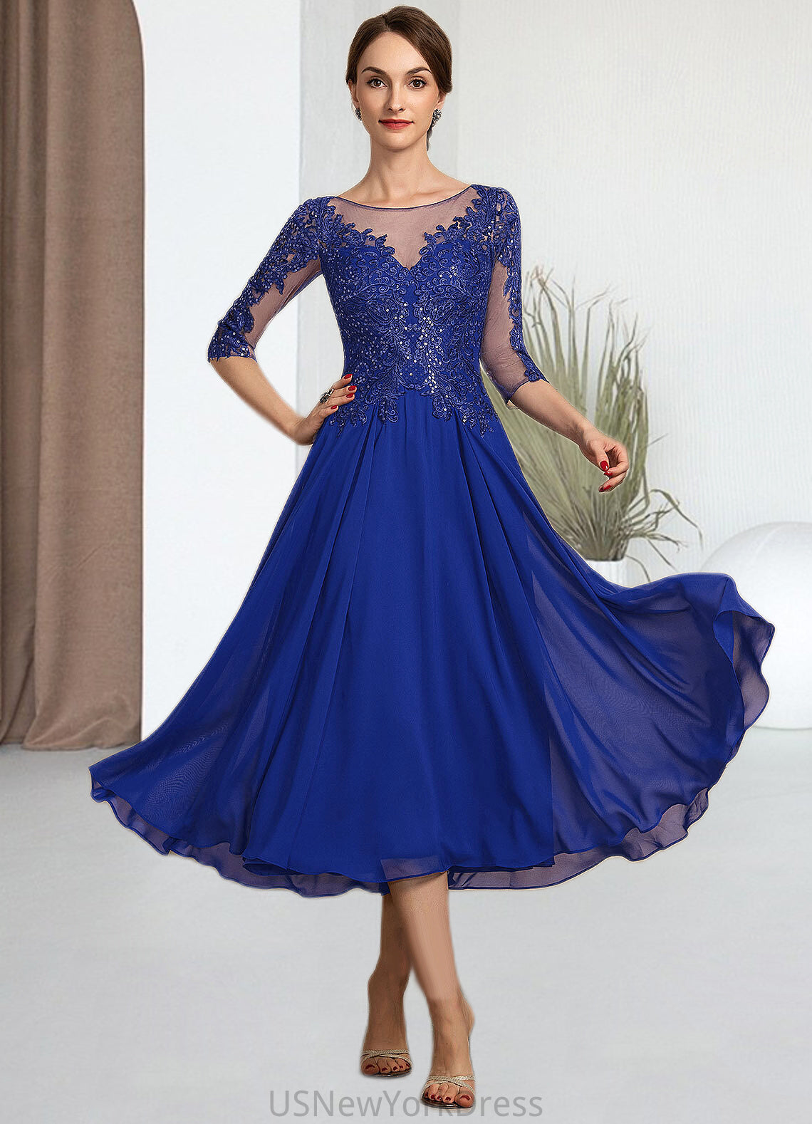 Cherish A-Line Scoop Neck Tea-Length Chiffon Lace Mother of the Bride Dress With Sequins DJ126P0014565