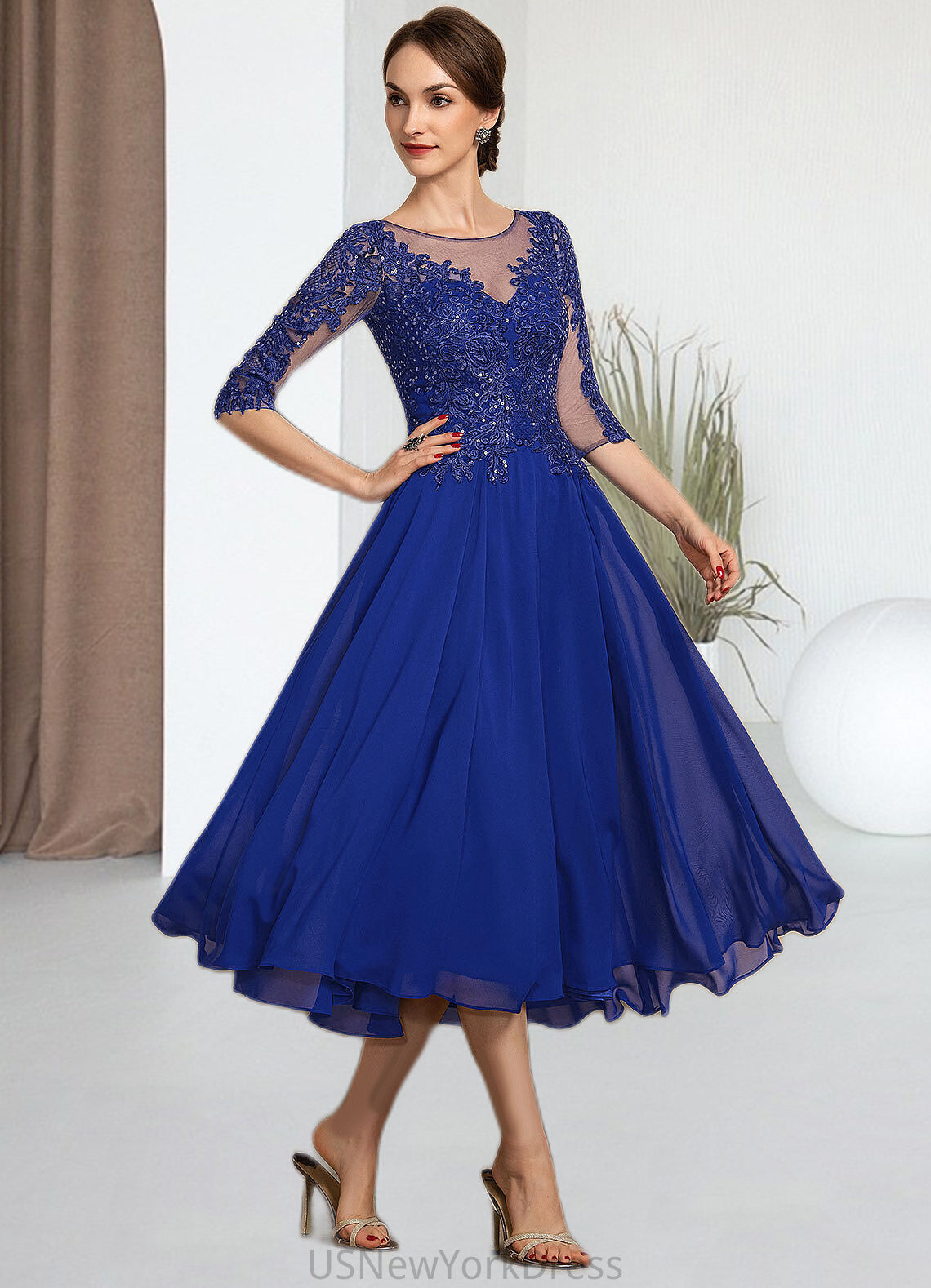 Cherish A-Line Scoop Neck Tea-Length Chiffon Lace Mother of the Bride Dress With Sequins DJ126P0014565