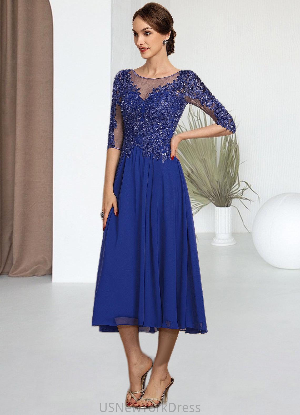 Cherish A-Line Scoop Neck Tea-Length Chiffon Lace Mother of the Bride Dress With Sequins DJ126P0014565