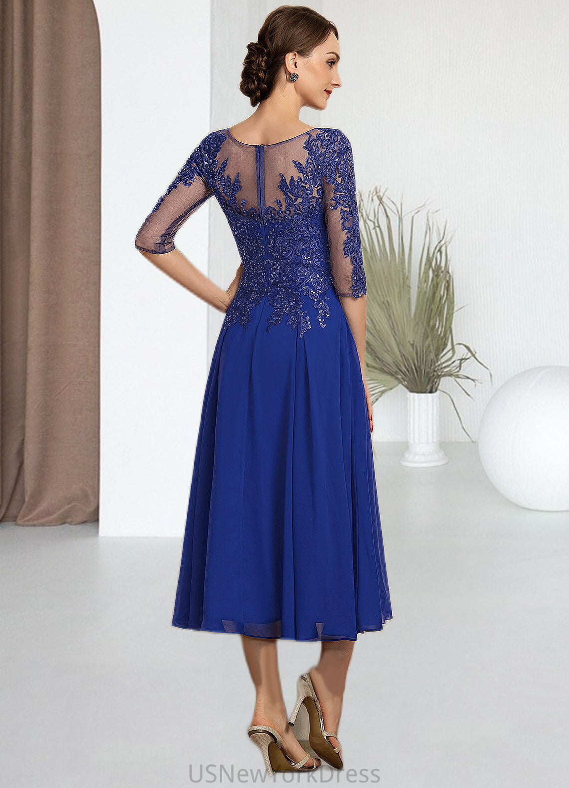 Cherish A-Line Scoop Neck Tea-Length Chiffon Lace Mother of the Bride Dress With Sequins DJ126P0014565