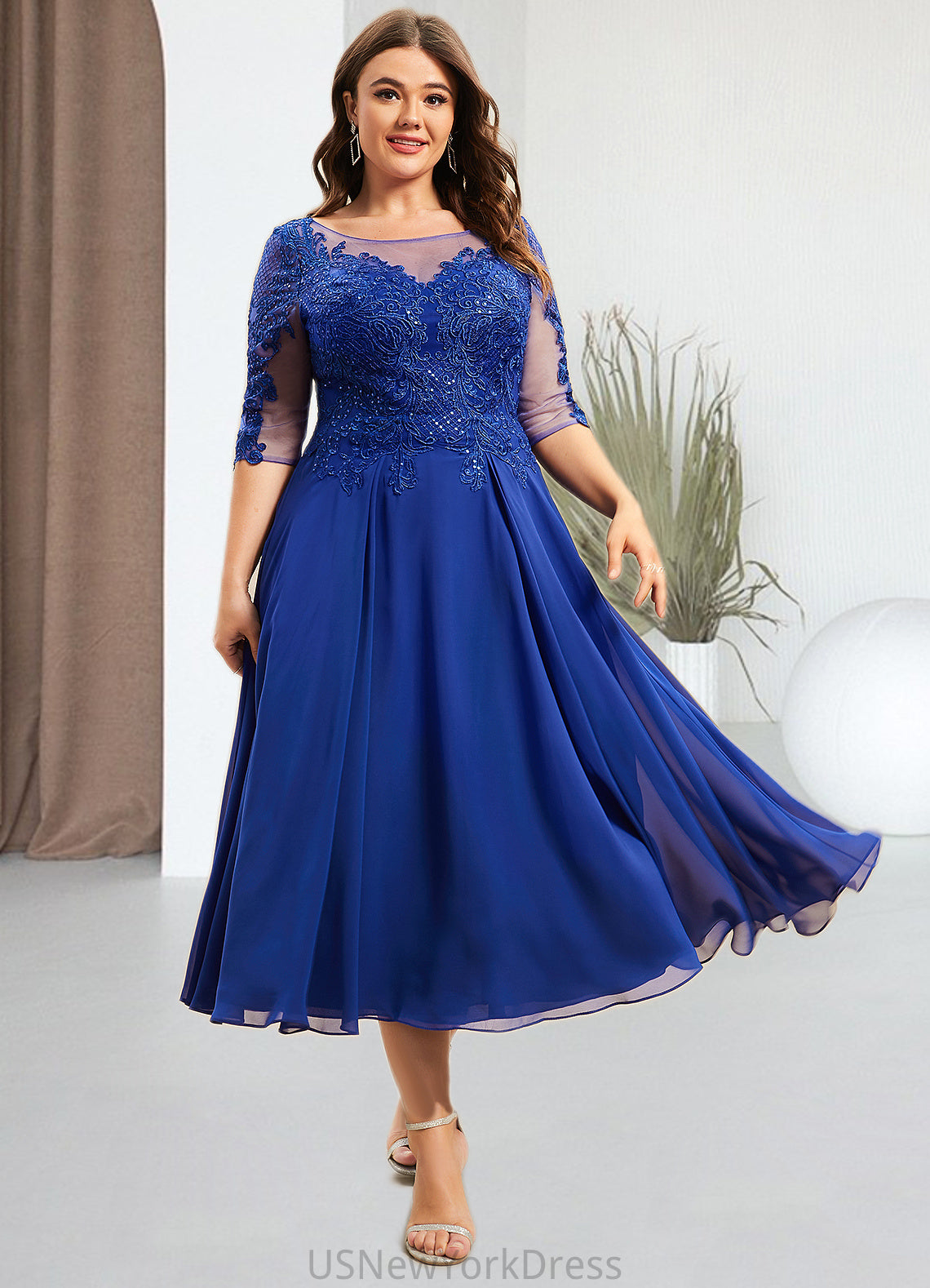 Cherish A-Line Scoop Neck Tea-Length Chiffon Lace Mother of the Bride Dress With Sequins DJ126P0014565