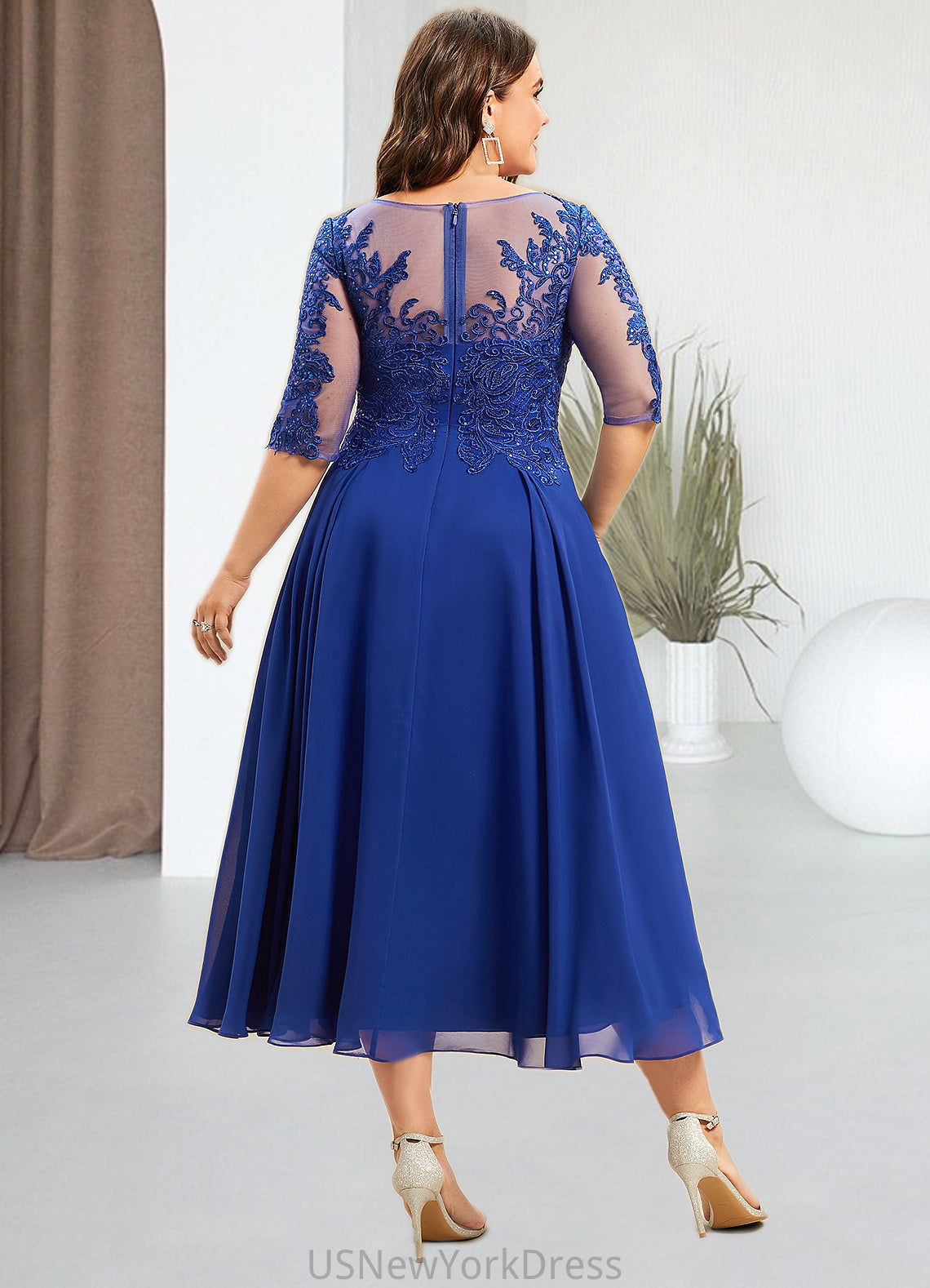 Cherish A-Line Scoop Neck Tea-Length Chiffon Lace Mother of the Bride Dress With Sequins DJ126P0014565