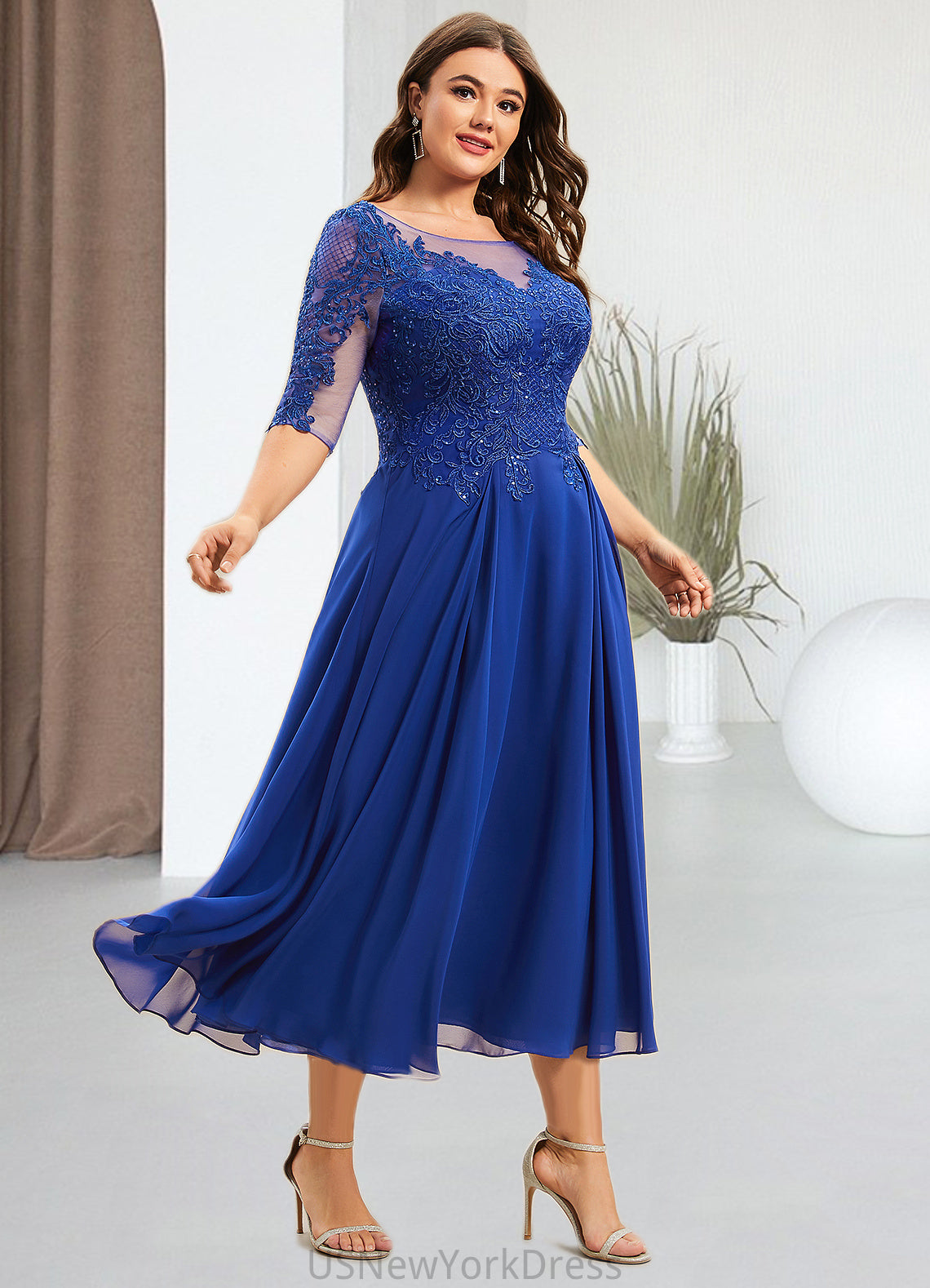 Cherish A-Line Scoop Neck Tea-Length Chiffon Lace Mother of the Bride Dress With Sequins DJ126P0014565