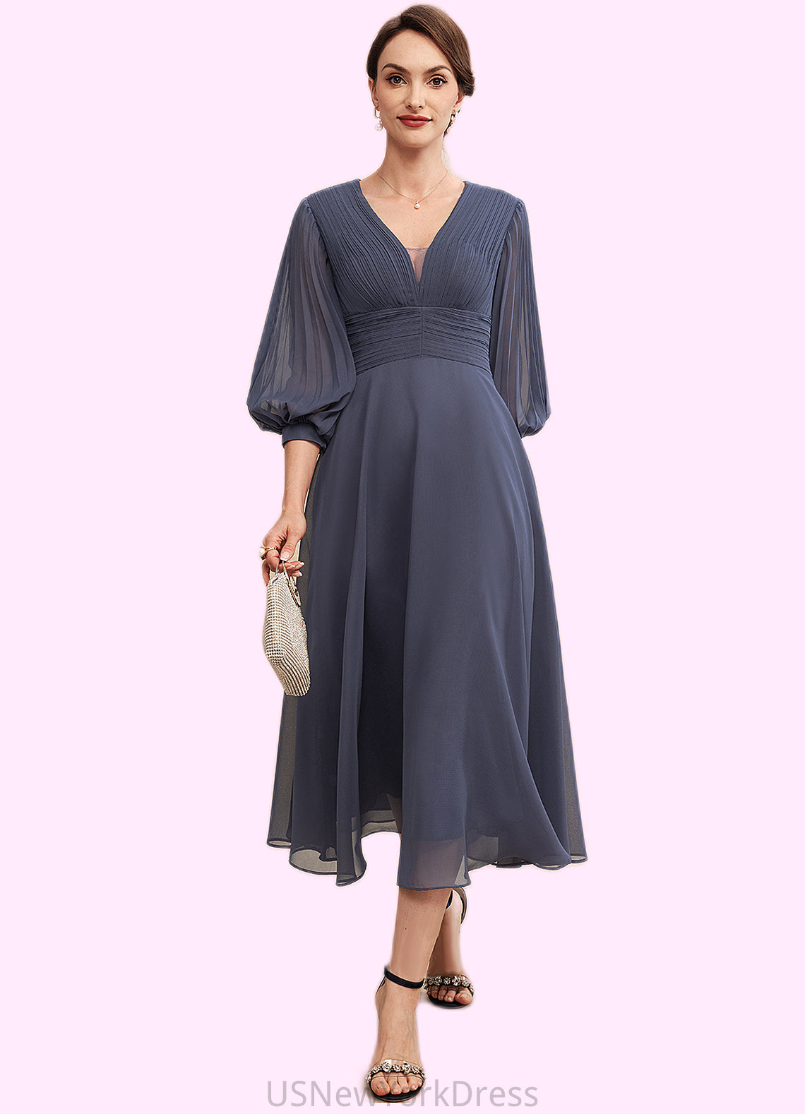 Serenity A-Line V-neck Tea-Length Chiffon Mother of the Bride Dress With Ruffle DJ126P0014566