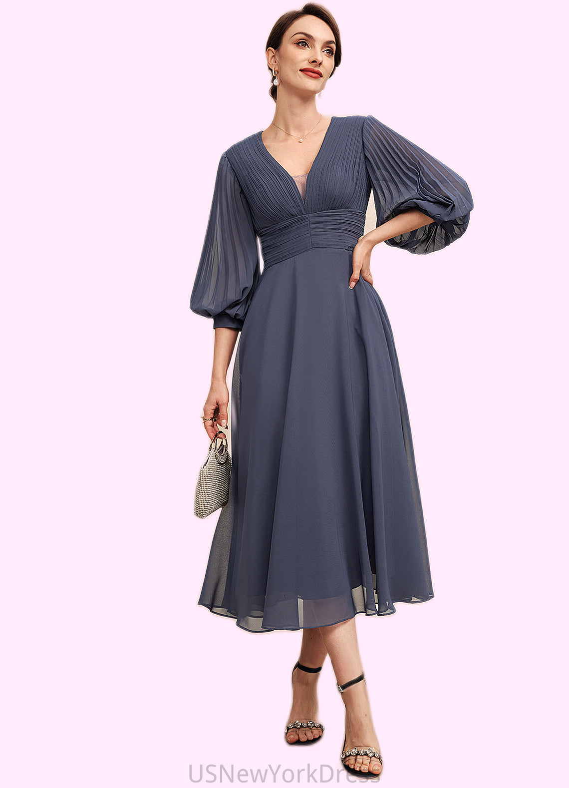 Serenity A-Line V-neck Tea-Length Chiffon Mother of the Bride Dress With Ruffle DJ126P0014566