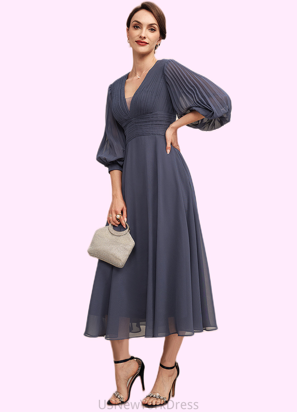 Serenity A-Line V-neck Tea-Length Chiffon Mother of the Bride Dress With Ruffle DJ126P0014566