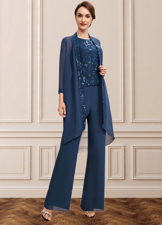 Isis Jumpsuit/Pantsuit Scoop Neck Floor-Length Chiffon Lace Mother of the Bride Dress With Sequins DJ126P0014567