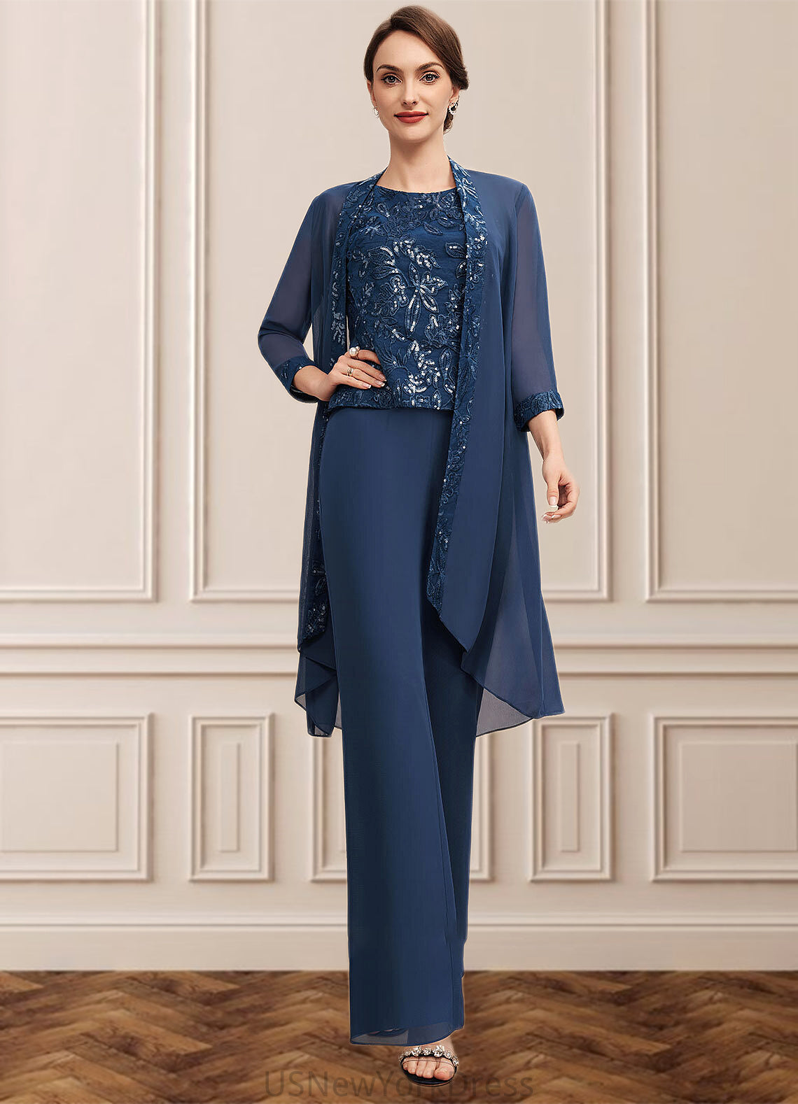 Isis Jumpsuit/Pantsuit Scoop Neck Floor-Length Chiffon Lace Mother of the Bride Dress With Sequins DJ126P0014567