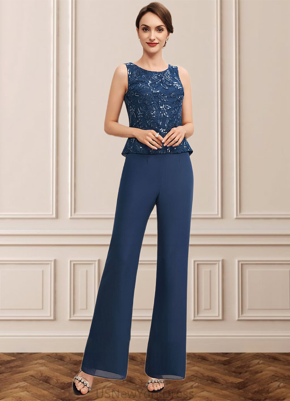 Isis Jumpsuit/Pantsuit Scoop Neck Floor-Length Chiffon Lace Mother of the Bride Dress With Sequins DJ126P0014567