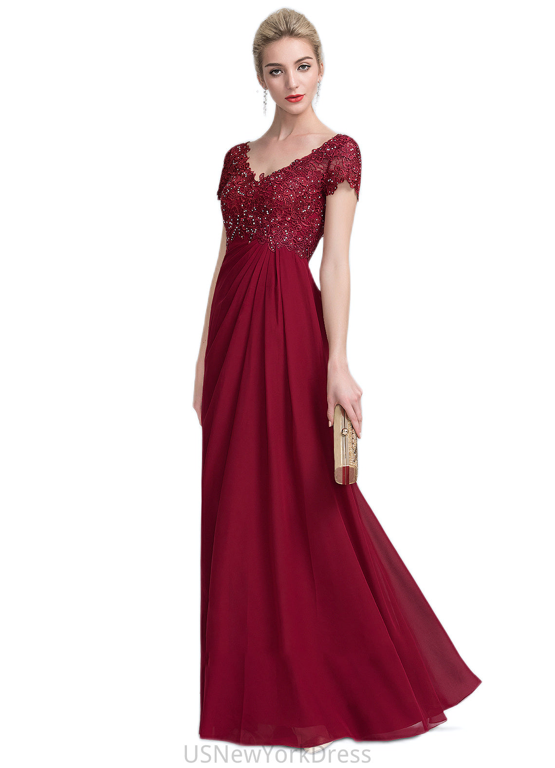 Jackie A-Line V-neck Floor-Length Chiffon Lace Mother of the Bride Dress With Ruffle Beading DJ126P0014569