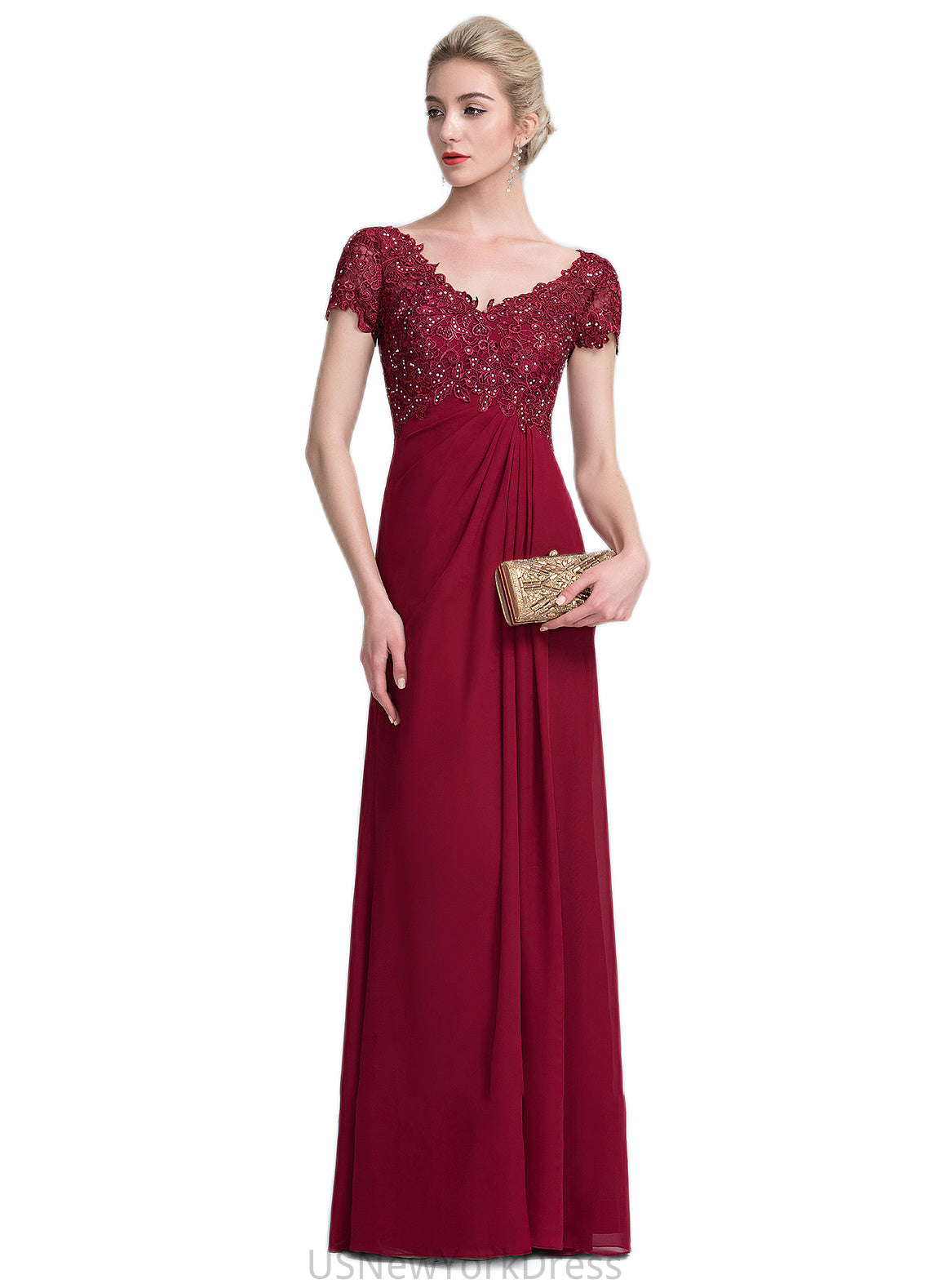 Jackie A-Line V-neck Floor-Length Chiffon Lace Mother of the Bride Dress With Ruffle Beading DJ126P0014569