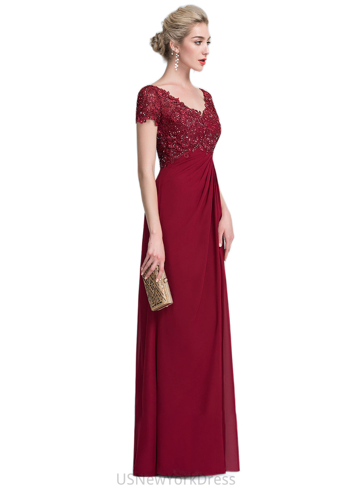 Jackie A-Line V-neck Floor-Length Chiffon Lace Mother of the Bride Dress With Ruffle Beading DJ126P0014569