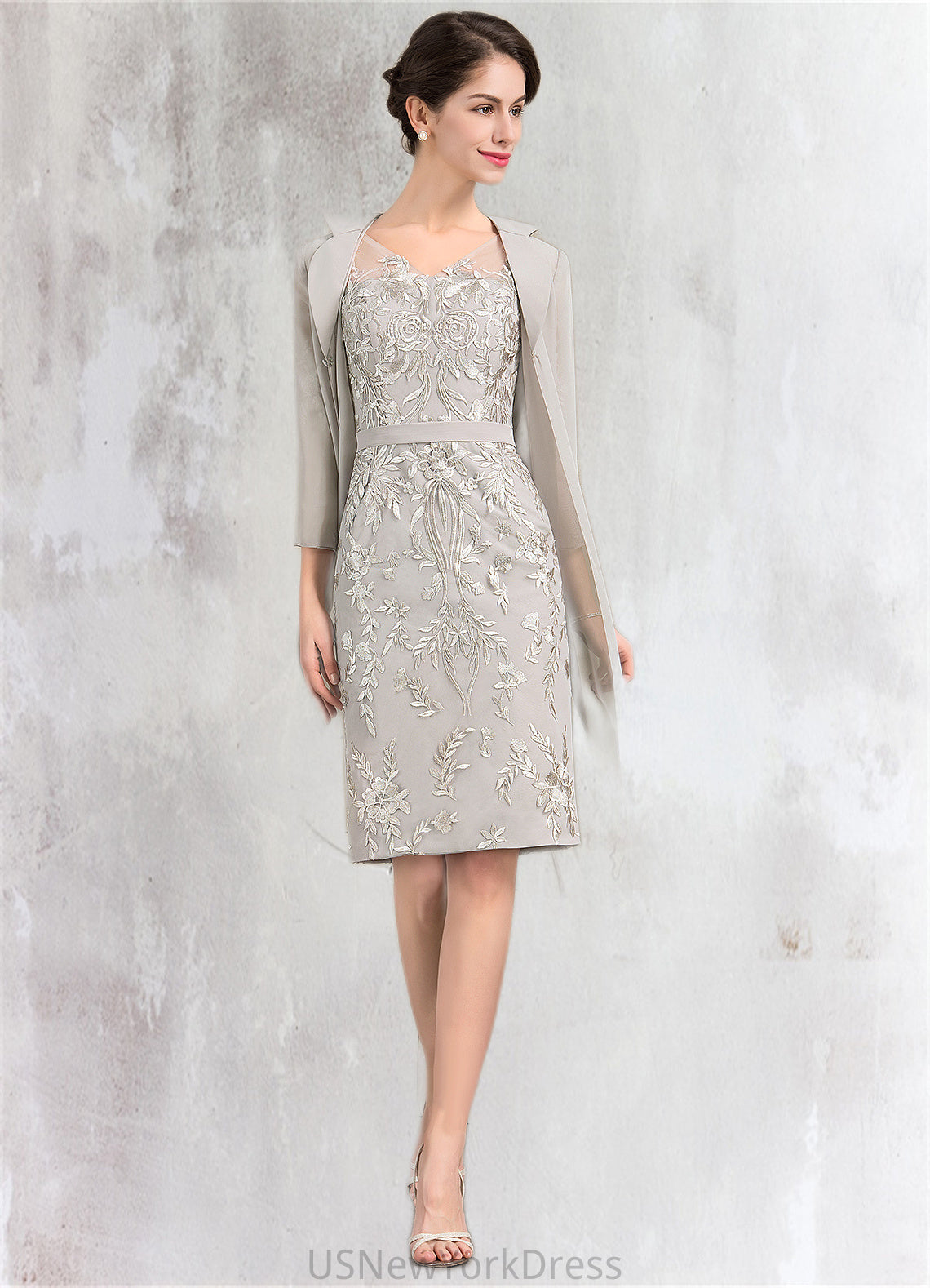 Scarlett Sheath/Column V-neck Knee-Length Lace Mother of the Bride Dress DJ126P0014570