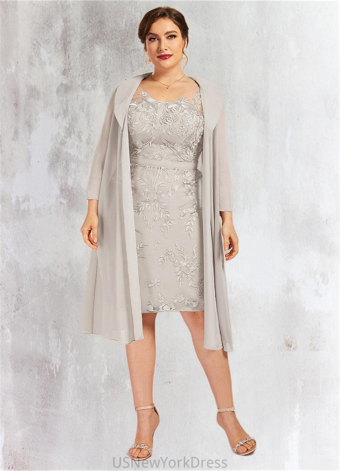 Scarlett Sheath/Column V-neck Knee-Length Lace Mother of the Bride Dress DJ126P0014570