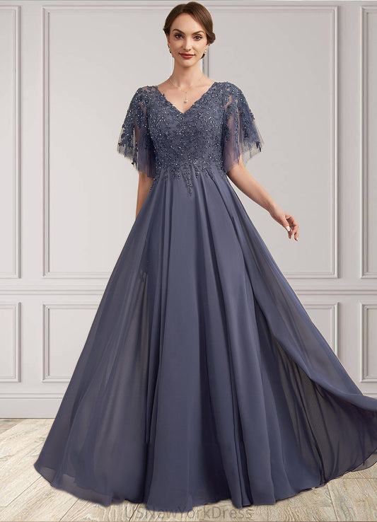 Valentina A-line V-Neck Floor-Length Chiffon Lace Mother of the Bride Dress With Beading Sequins DJ126P0014571