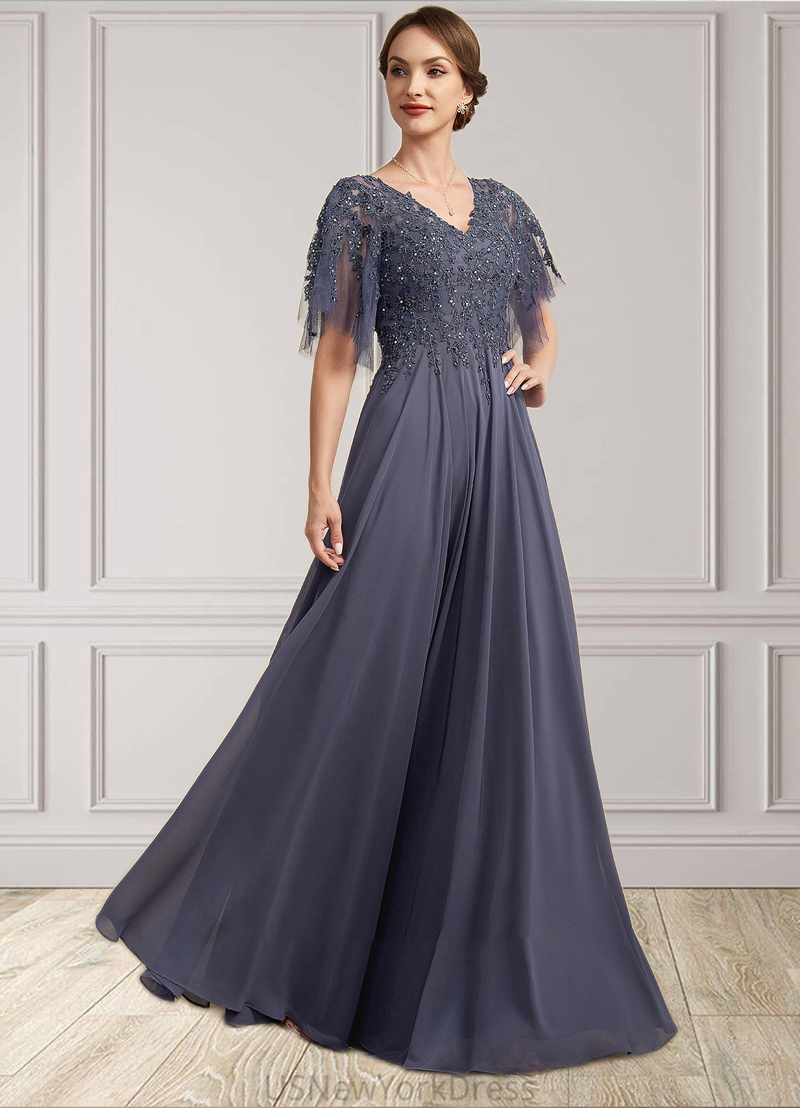 Valentina A-line V-Neck Floor-Length Chiffon Lace Mother of the Bride Dress With Beading Sequins DJ126P0014571