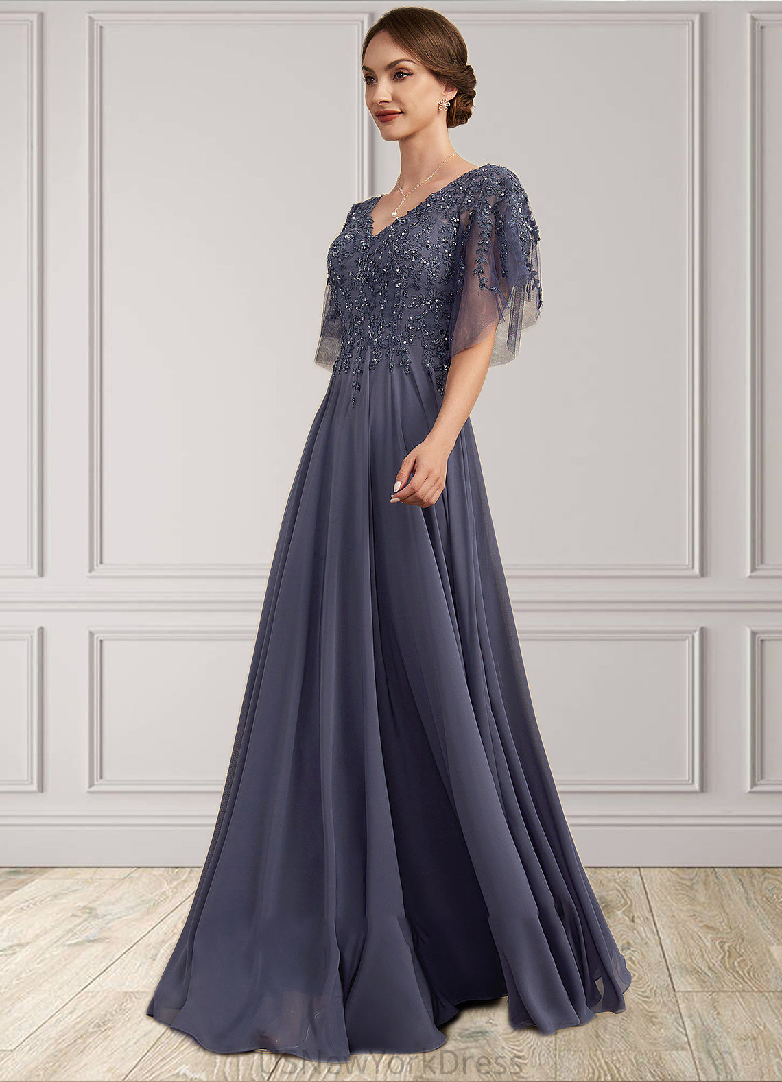 Valentina A-line V-Neck Floor-Length Chiffon Lace Mother of the Bride Dress With Beading Sequins DJ126P0014571