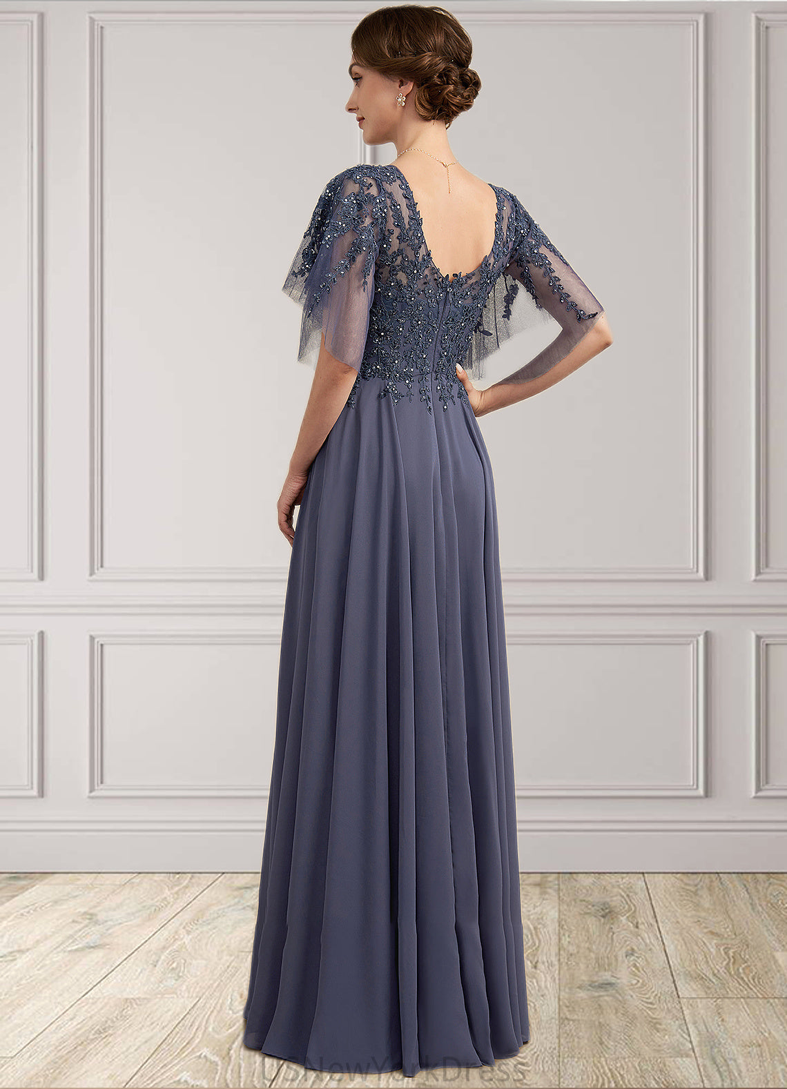 Valentina A-line V-Neck Floor-Length Chiffon Lace Mother of the Bride Dress With Beading Sequins DJ126P0014571