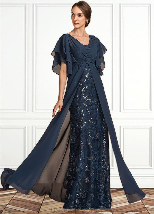 Ellie Sheath/Column V-neck Floor-Length Chiffon Lace Mother of the Bride Dress With Ruffle Sequins DJ126P0014573