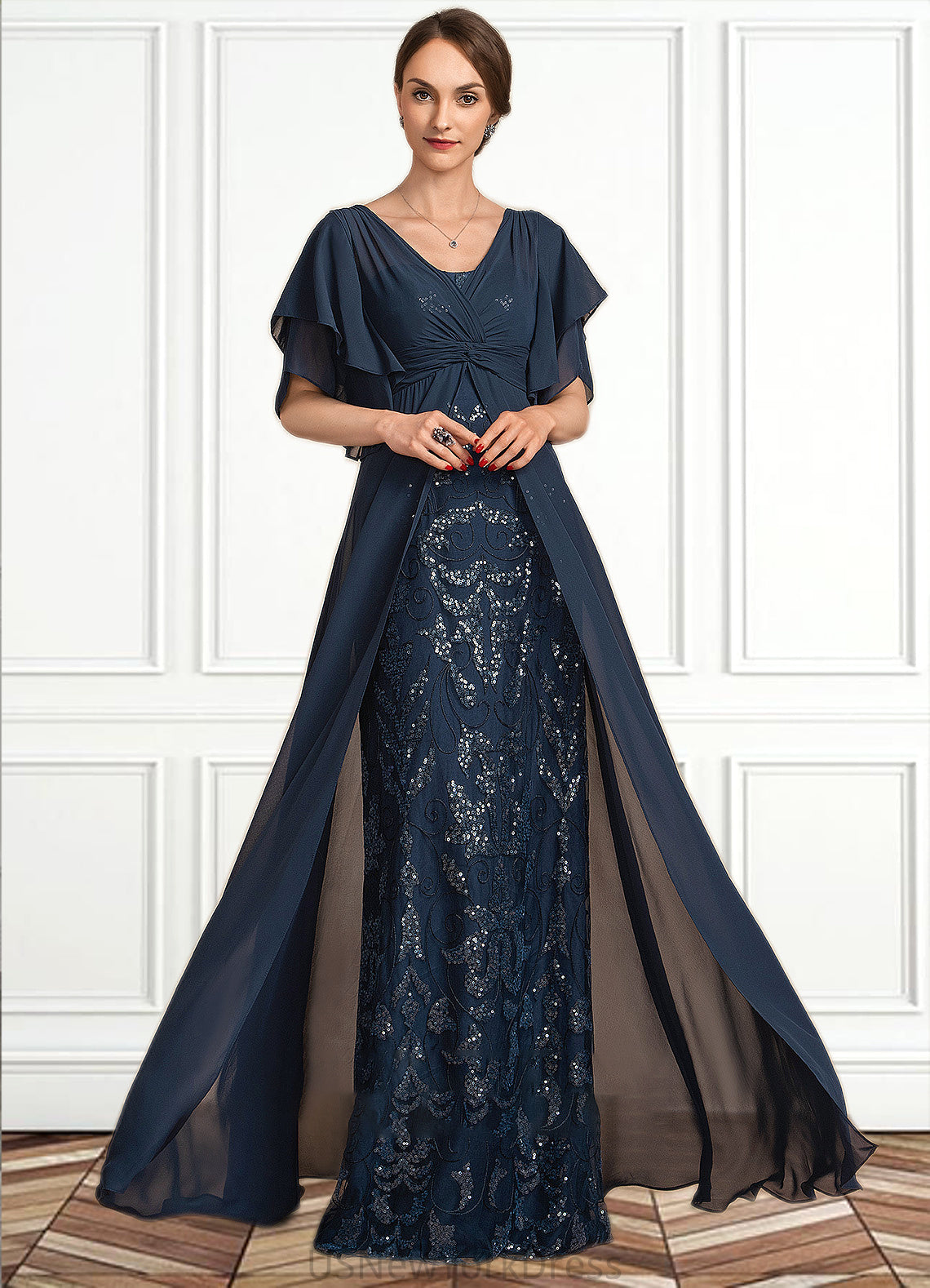 Ellie Sheath/Column V-neck Floor-Length Chiffon Lace Mother of the Bride Dress With Ruffle Sequins DJ126P0014573