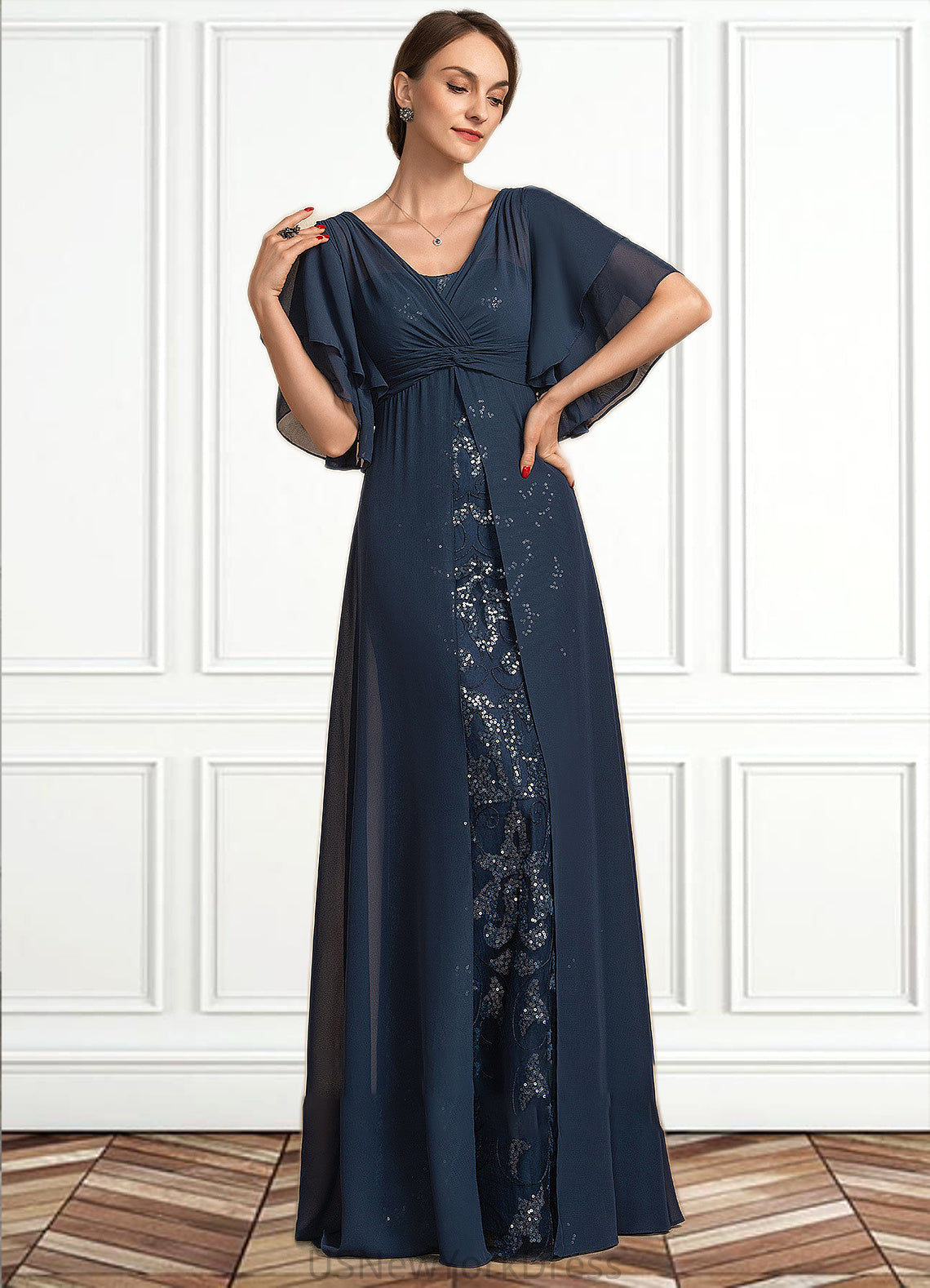 Ellie Sheath/Column V-neck Floor-Length Chiffon Lace Mother of the Bride Dress With Ruffle Sequins DJ126P0014573