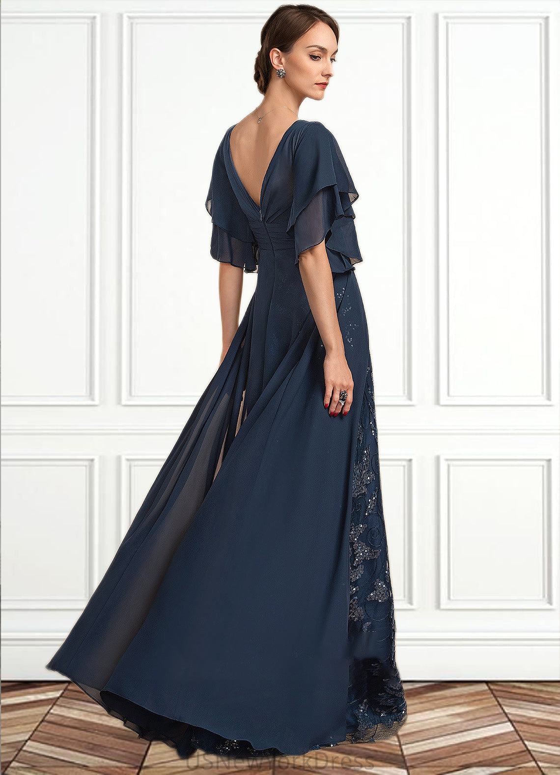 Ellie Sheath/Column V-neck Floor-Length Chiffon Lace Mother of the Bride Dress With Ruffle Sequins DJ126P0014573