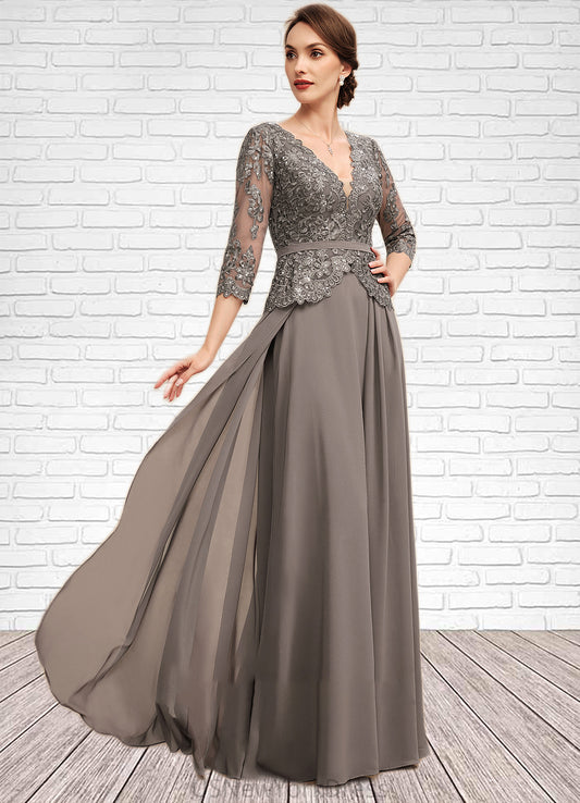 Princess A-Line V-neck Floor-Length Chiffon Lace Mother of the Bride Dress With Sequins DJ126P0014574